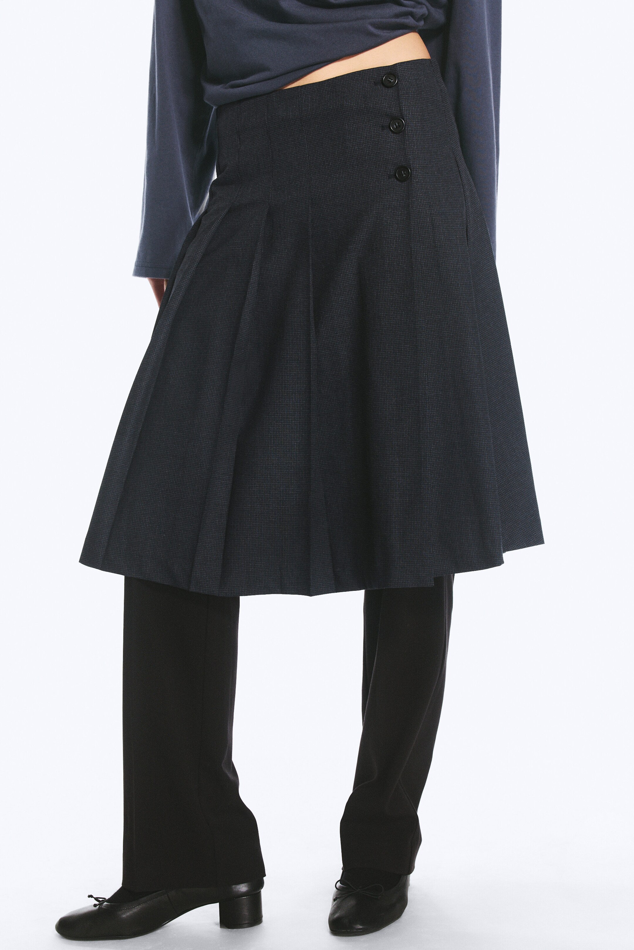 Checked Dark Grey Melange - Plissierter Midirock - 2