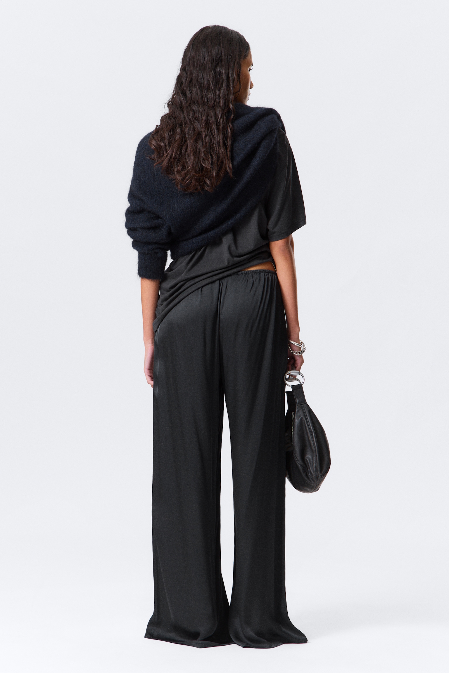 Draped Wide-Leg Satin Trousers - Dark Grey - 4