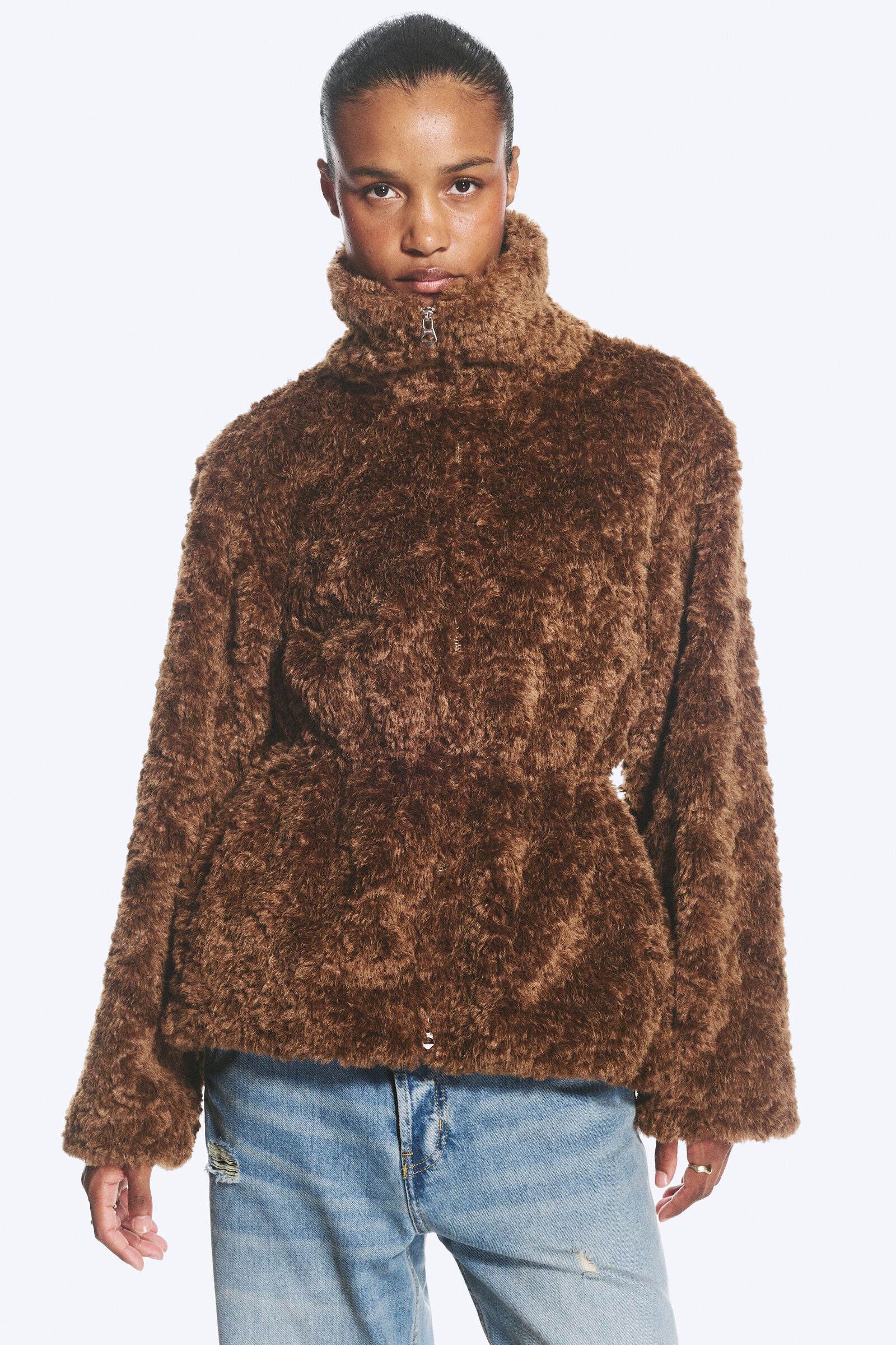 Waisted faux fur jacket