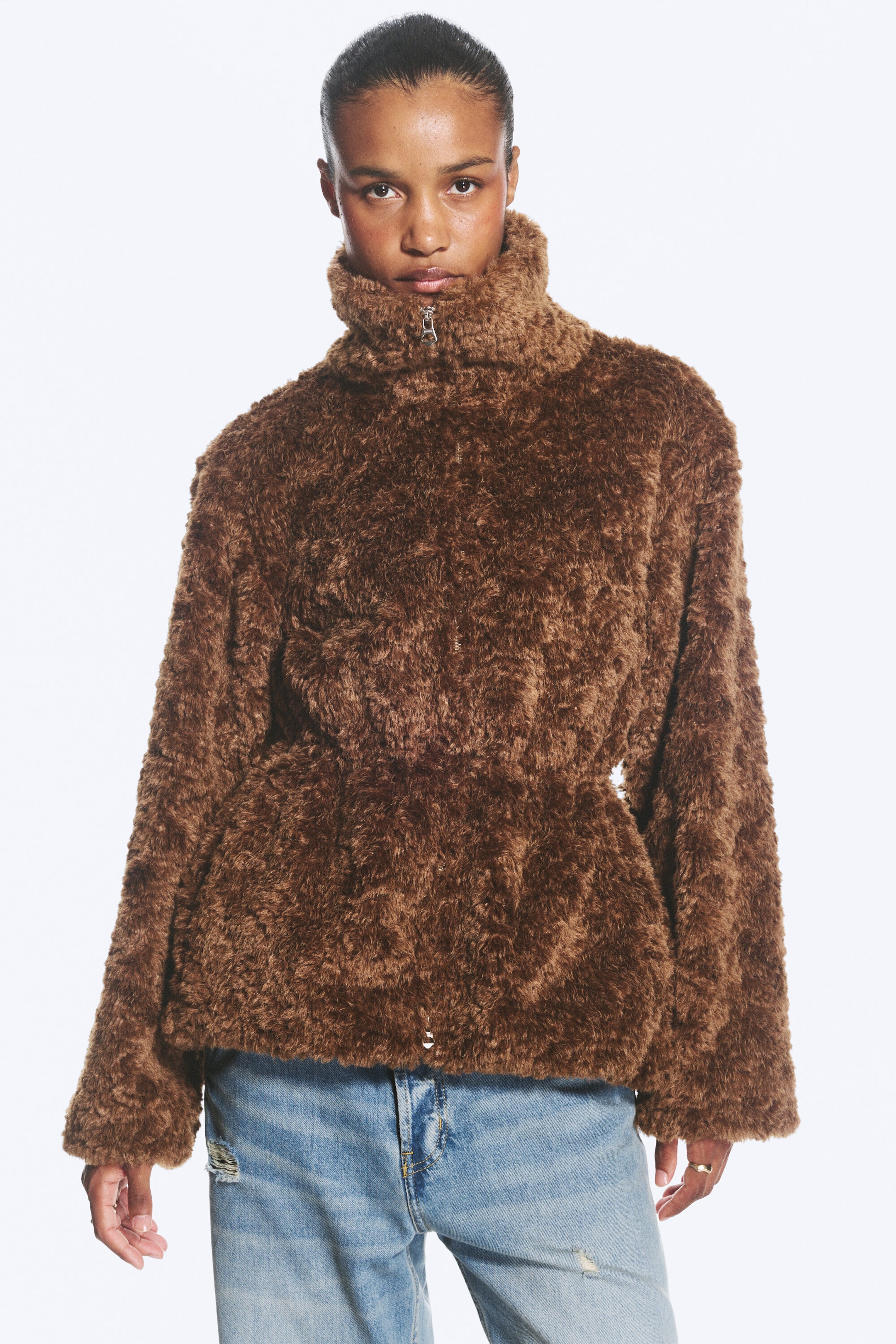 Dusty Brown - Waisted faux fur jacket - 1