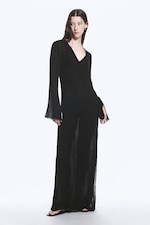 Black - Sheer Long-Sleeved V-neck Maxi Dress - 0