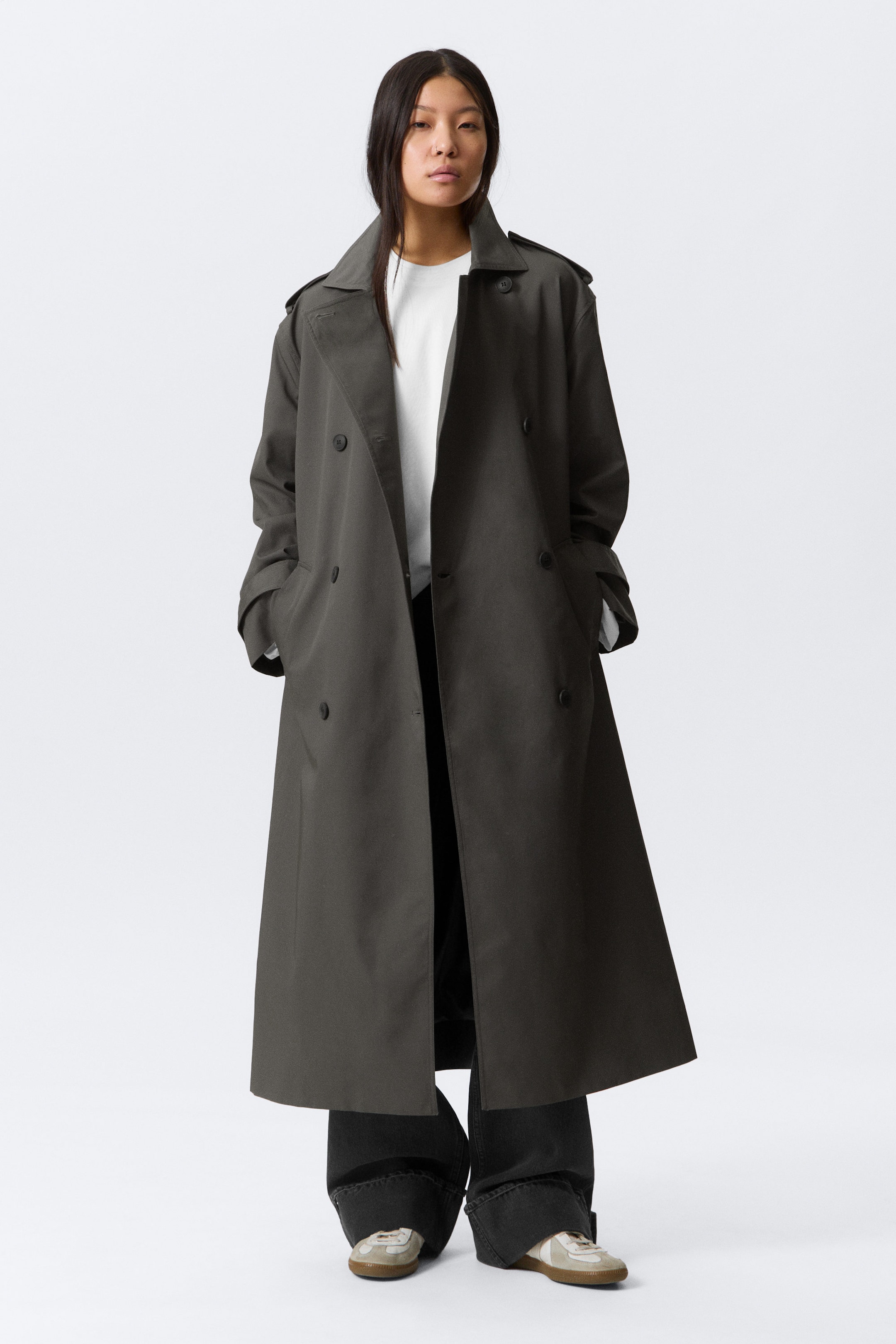 Dark Grey - Oversized Double-Breasted Canvas Trench Coat - 1