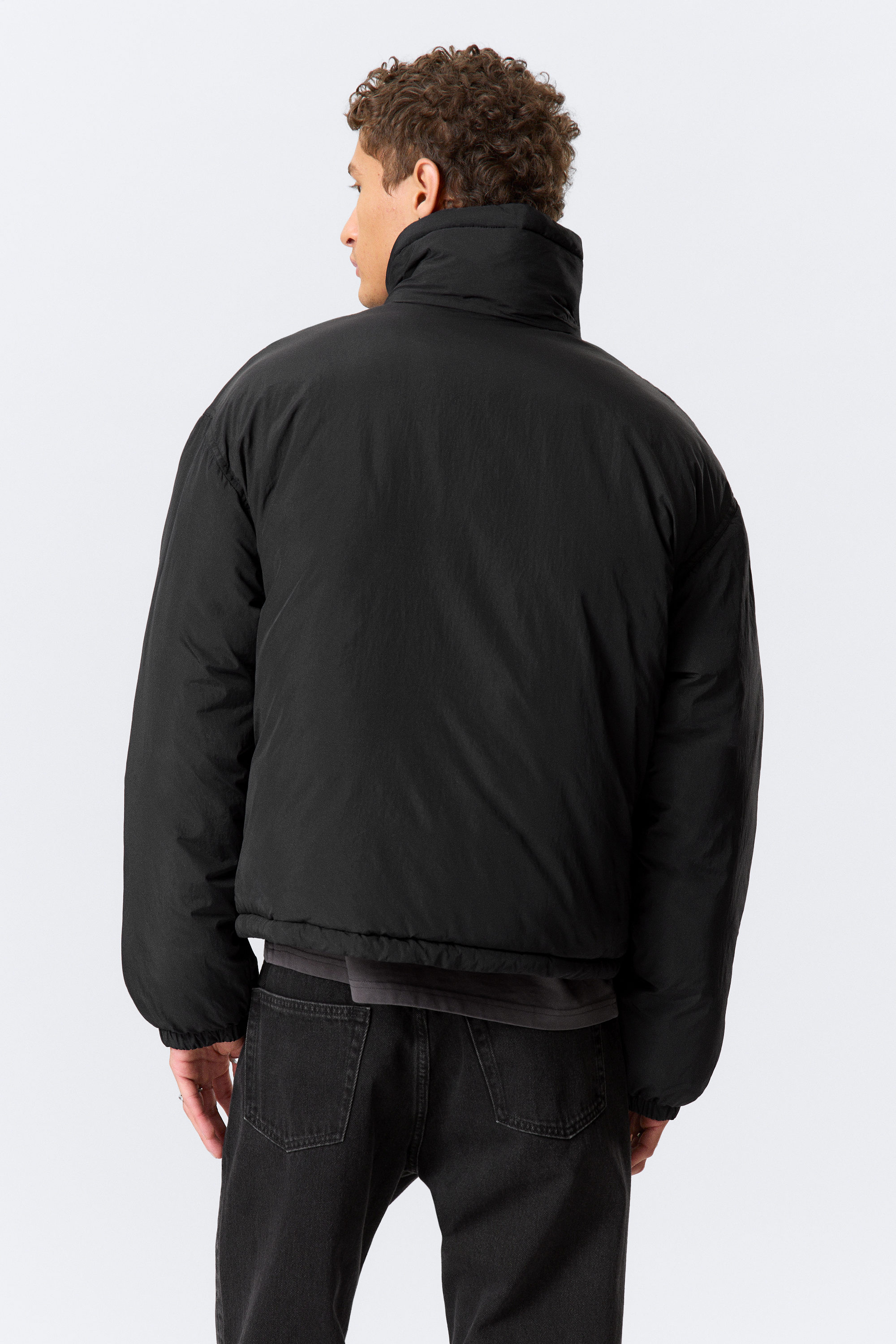 Black - Drawstring Nylon Puffer Jacket - 3