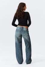 Gasoline Blue - Medium Blue - Ample Low Rise Loose Wide Leg Jeans - 4