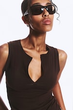 Dark Brown - Slim V-neck Sleeveless Top - 2