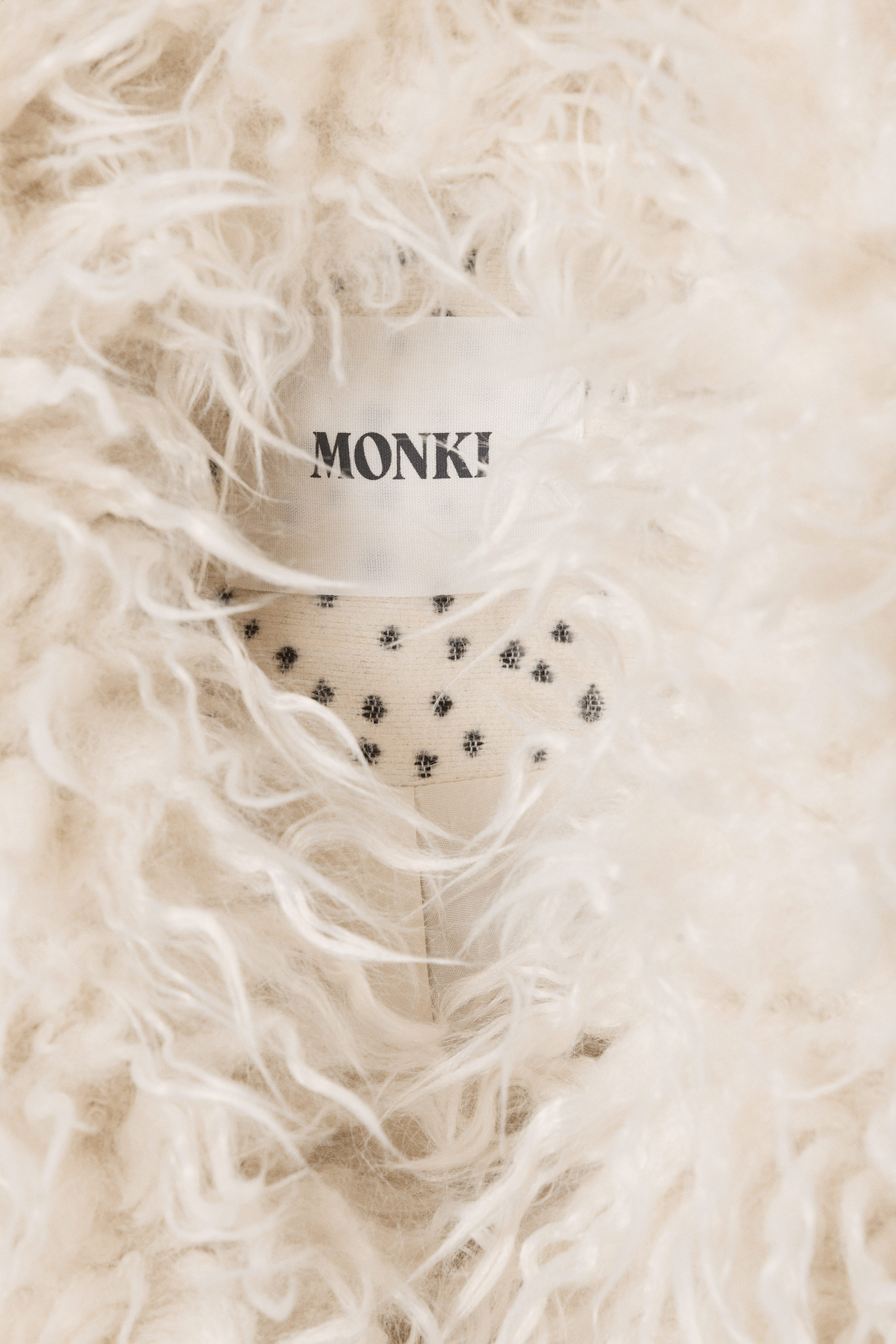 Dusty White - Black Dots - Cropped Faux Fur Trim Jacket - 4