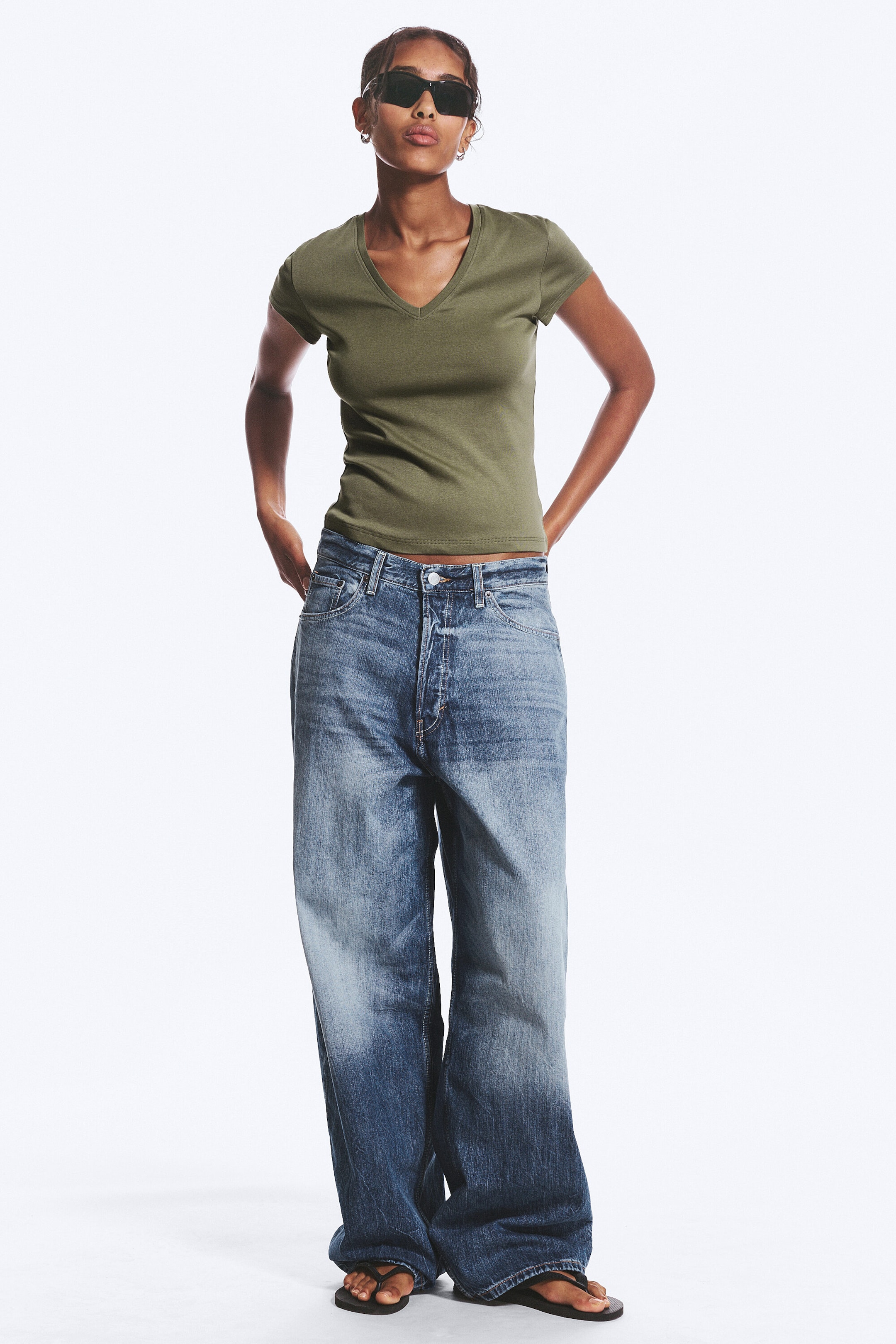 Dusty Khaki Green - Slim Fit Deep V-Neck T-Shirt - 2
