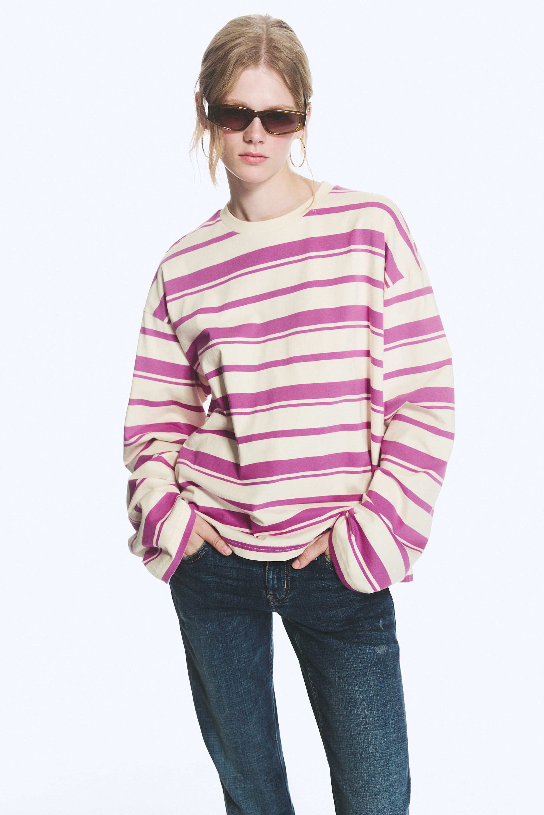 Gestreift Weiß/Pink - Longsleeve-Shirt aus Baumwolle - 2
