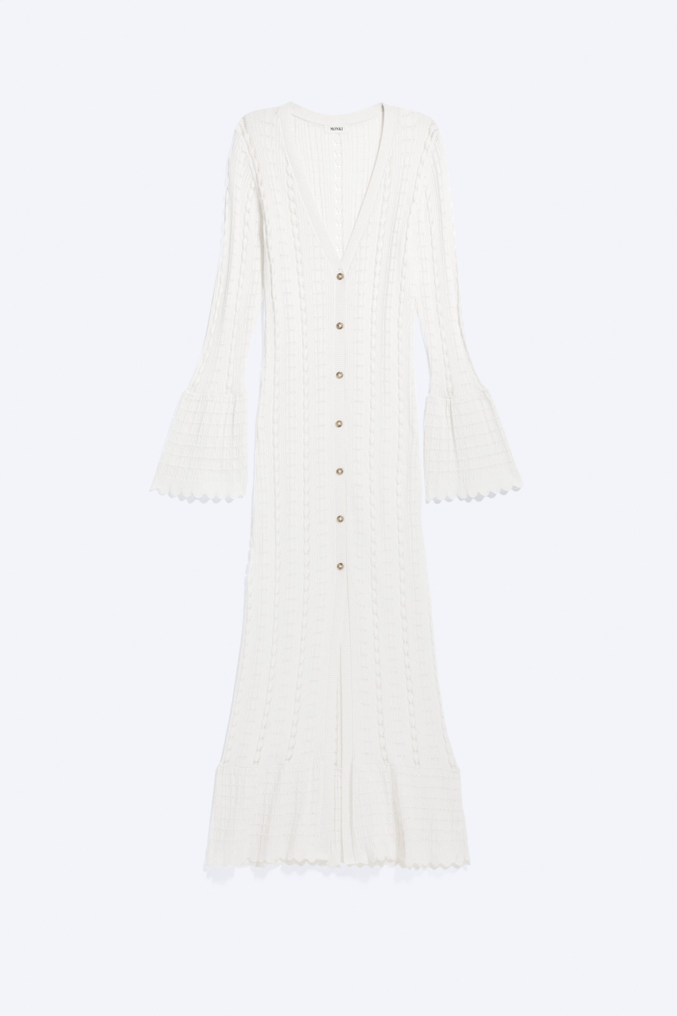 White - Long Frilled Knitted V-neck Cardigan - 4