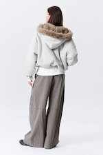 Grey Melange & Brown - Reversible Faux Fur Zip Hoodie - 5
