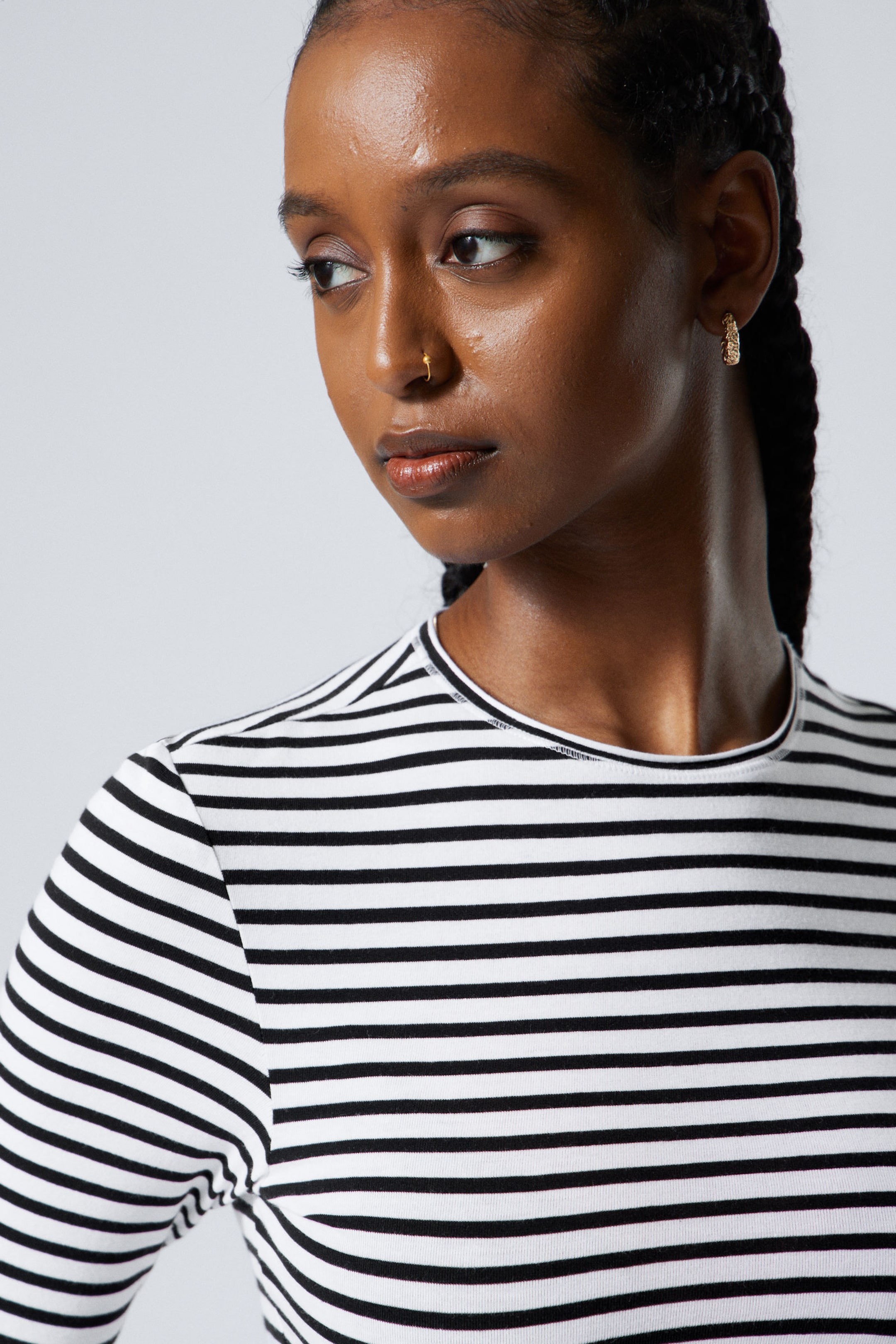 White - Black Stripes - Long Sleeve Cotton Top - 2