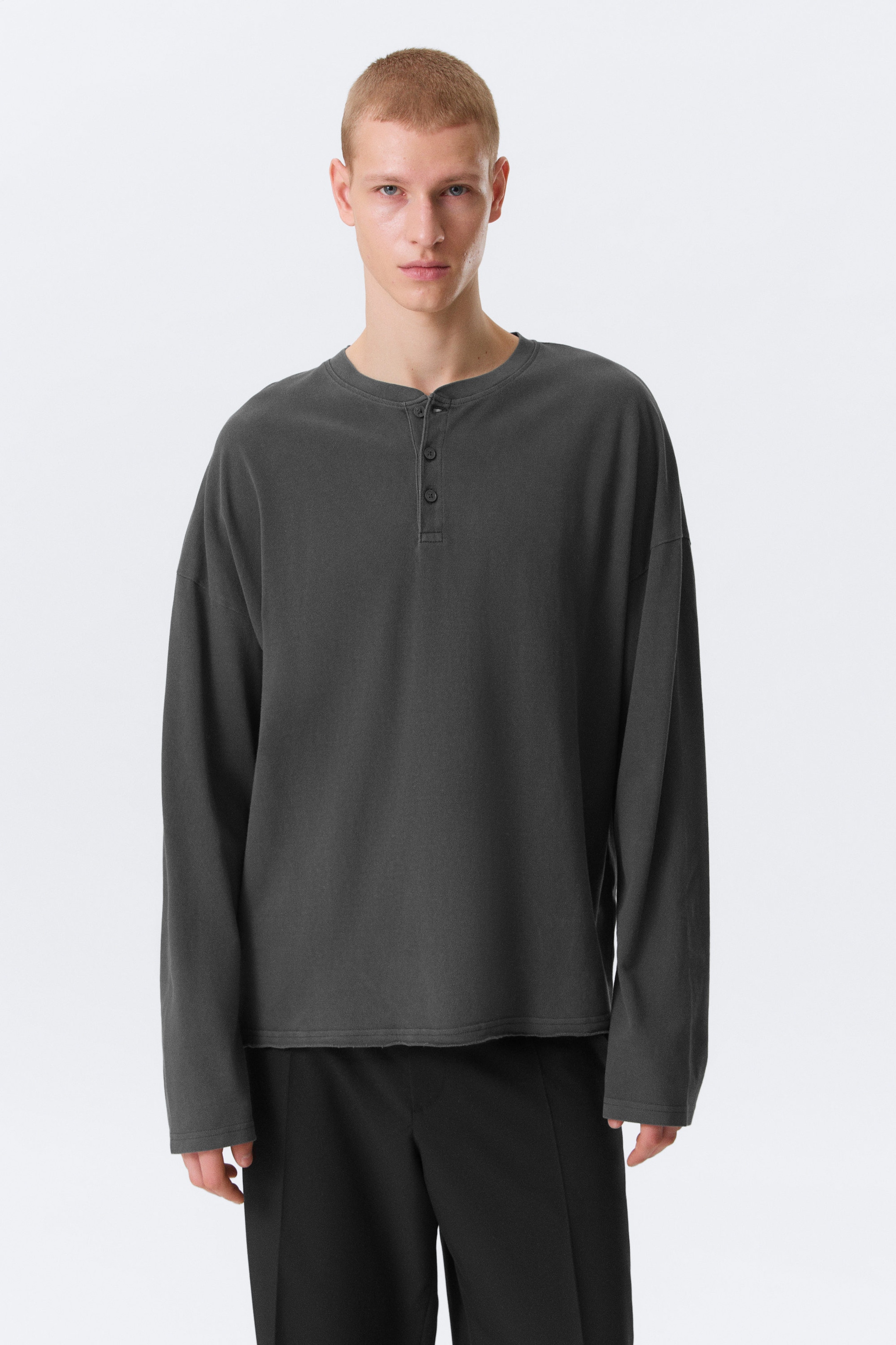 Dark Grey - Loose Long-Sleeved Henley T-shirt - 1