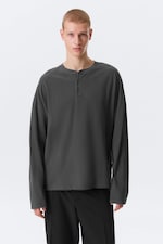 Mörkgrå - Loose Long-Sleeved Henley T-shirt - 0