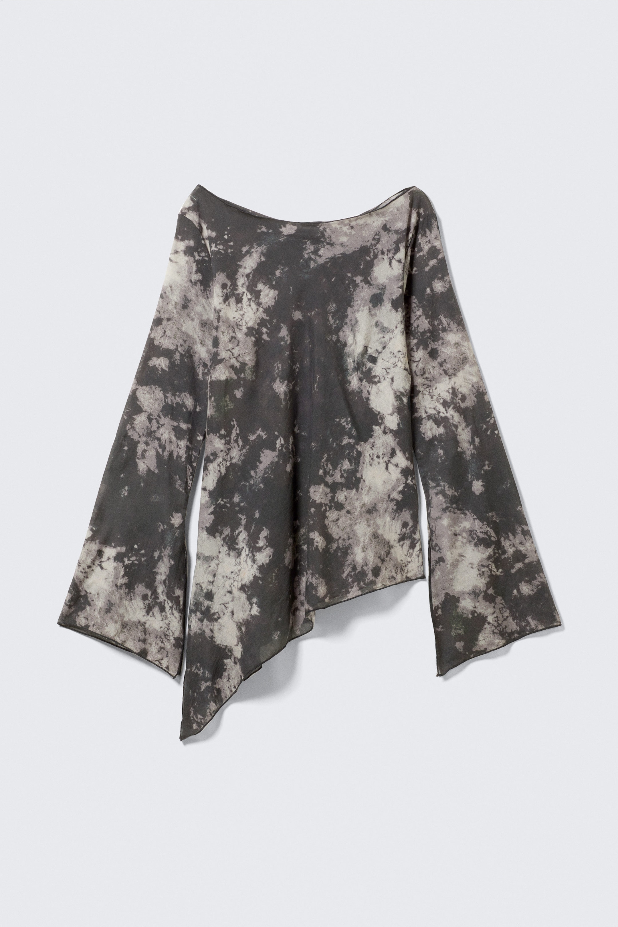 Black - Obsidian Mist - Sheer Asymmetric Long-Sleeved Blouse - 1