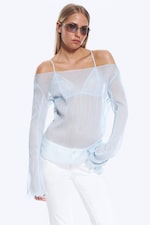 Light Dusty Blue - Sheer Boat-Neck Flared Sleeve Blouse - 0