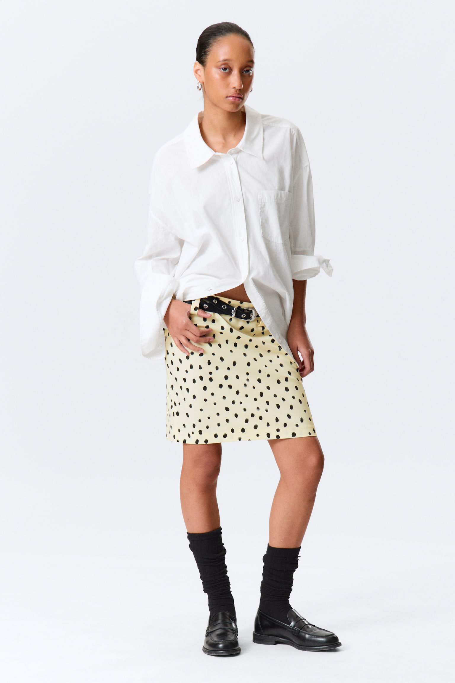 Jupe midi taille basse - Jaune clair - Pois - 1