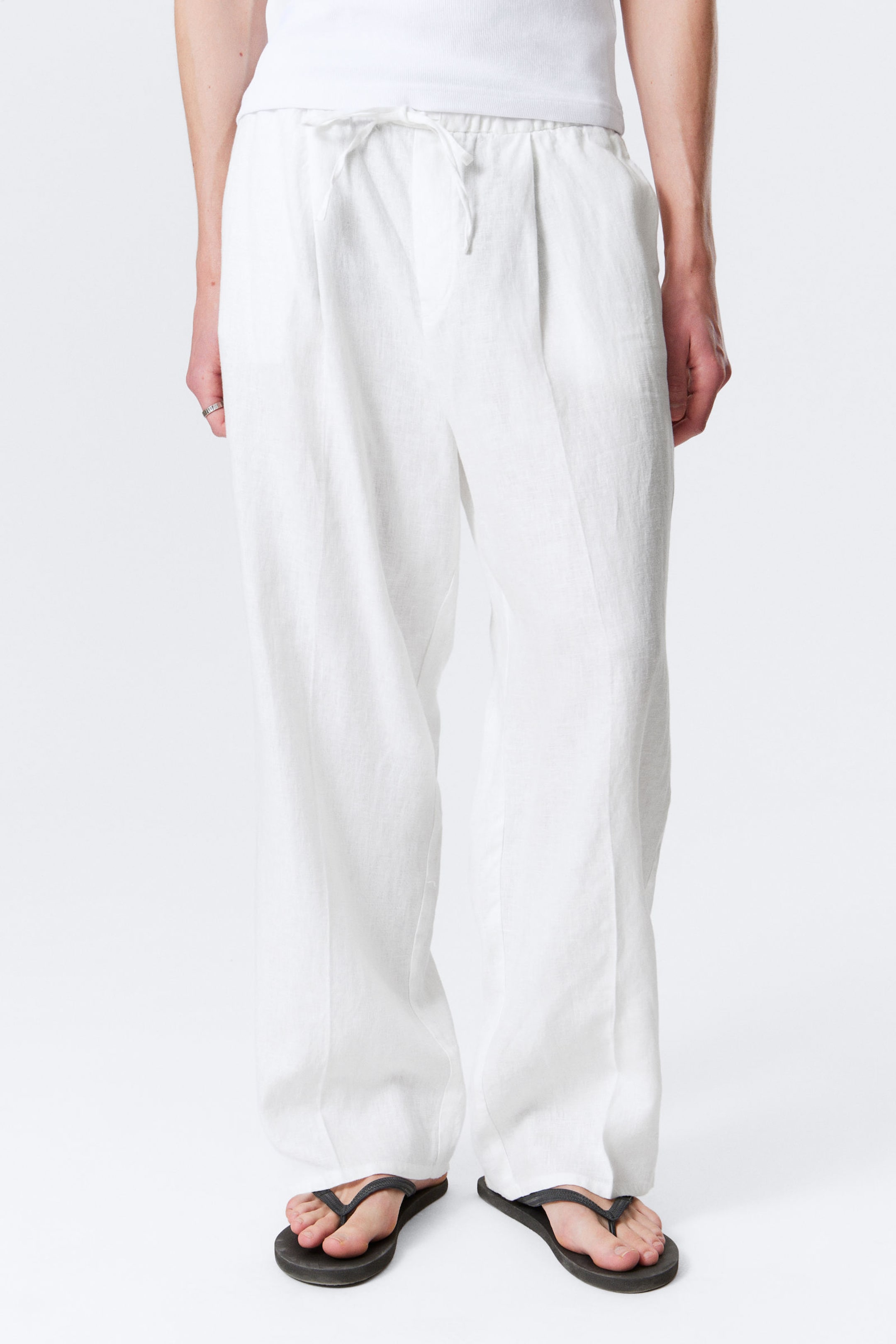#F4F3E9 - Loose Fit Straight Leg Linen Trousers - 2