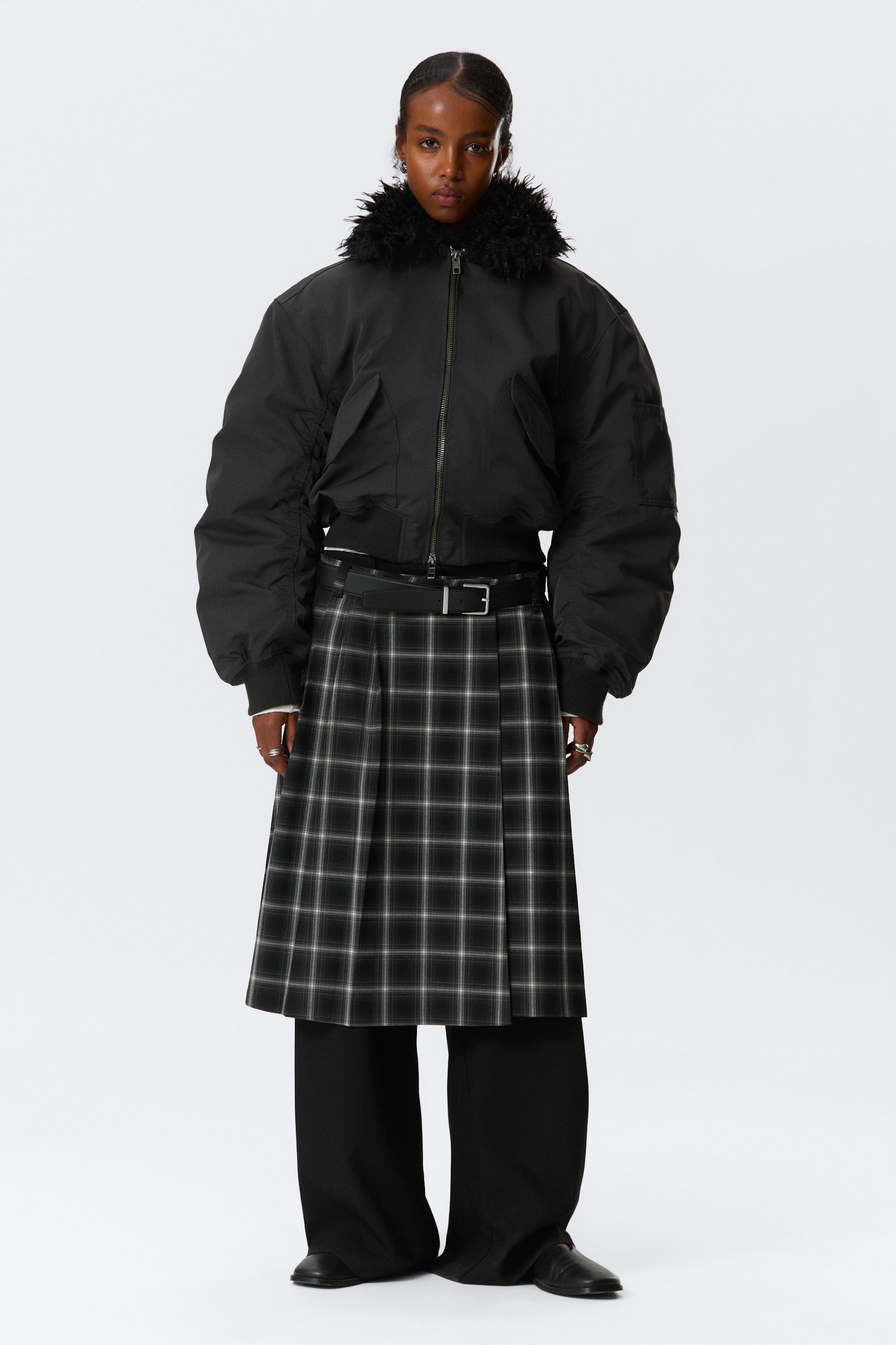 Dark Grey - Faux Fur Collar Bomber Jacket - 1