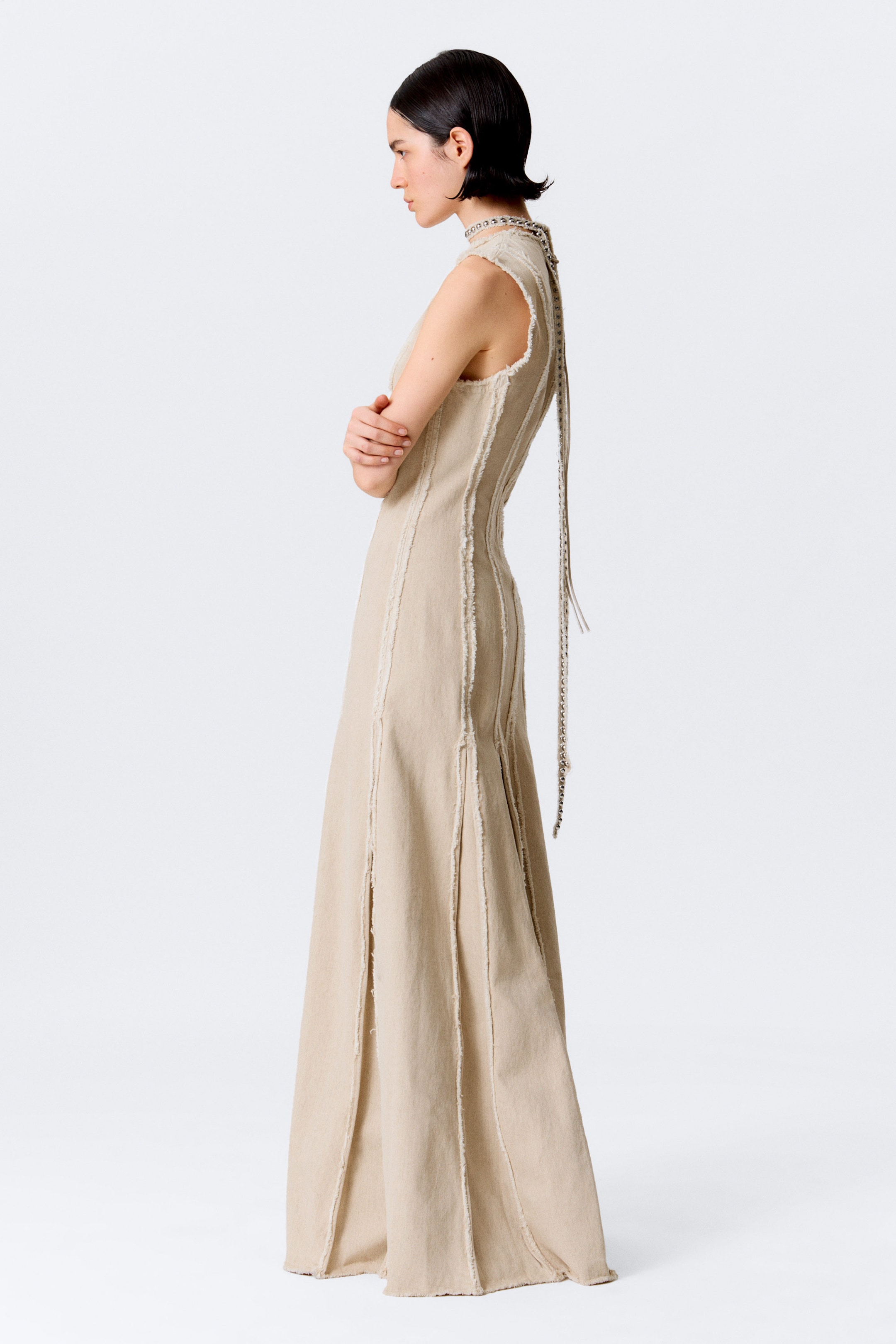 Light Beige - Sleeveless Linen-Blend Panelled Maxi Dress - 2