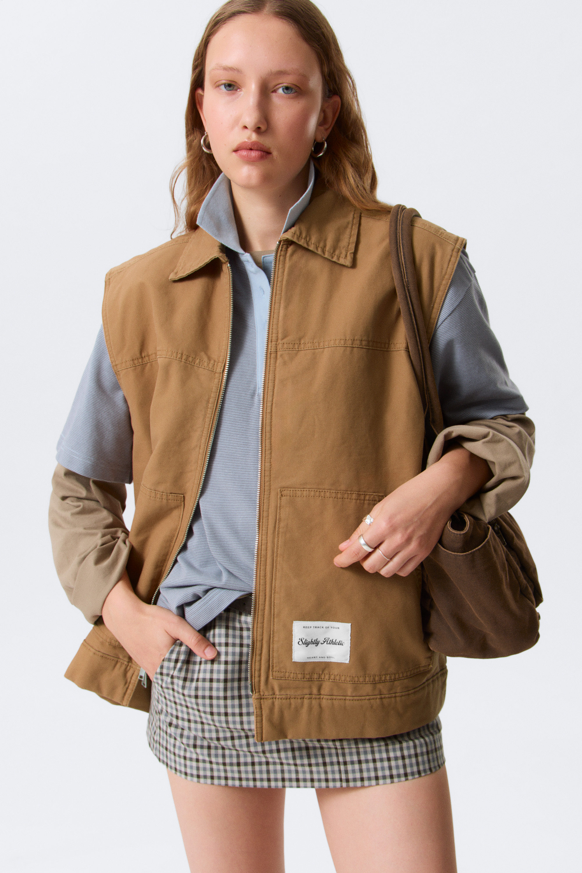 Brown - Lightly Padded Canvas Zip Vest - 1