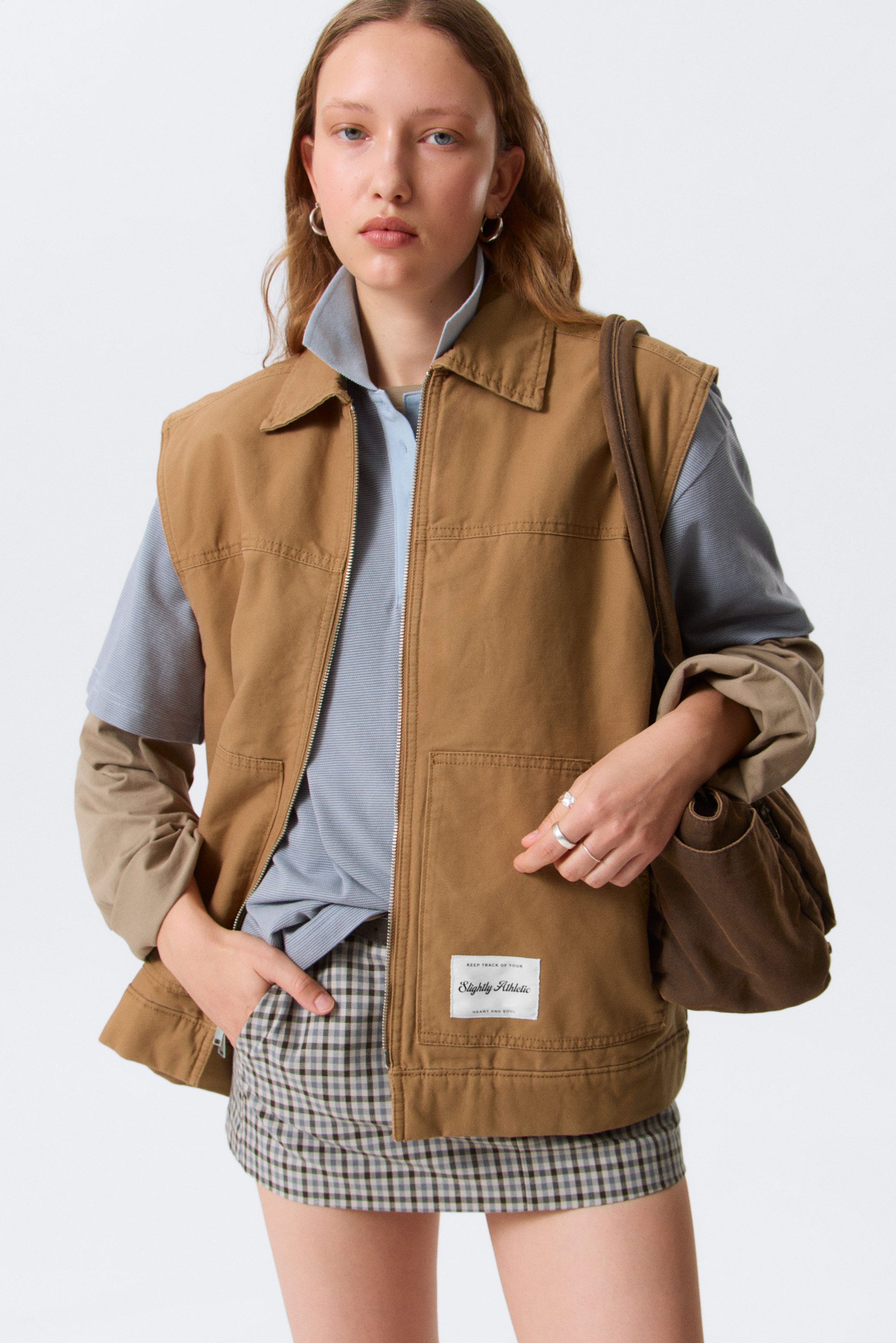 Brown - Lightly Padded Canvas Zip Vest - 1