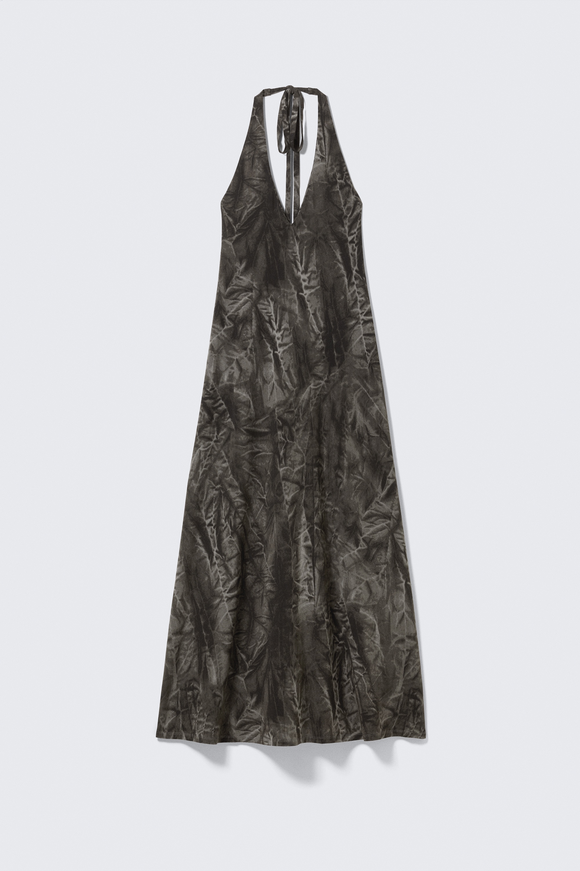 Sleeveless Halterneck Maxi Dress - Dark Grey - Crinkle Print/Light Beige