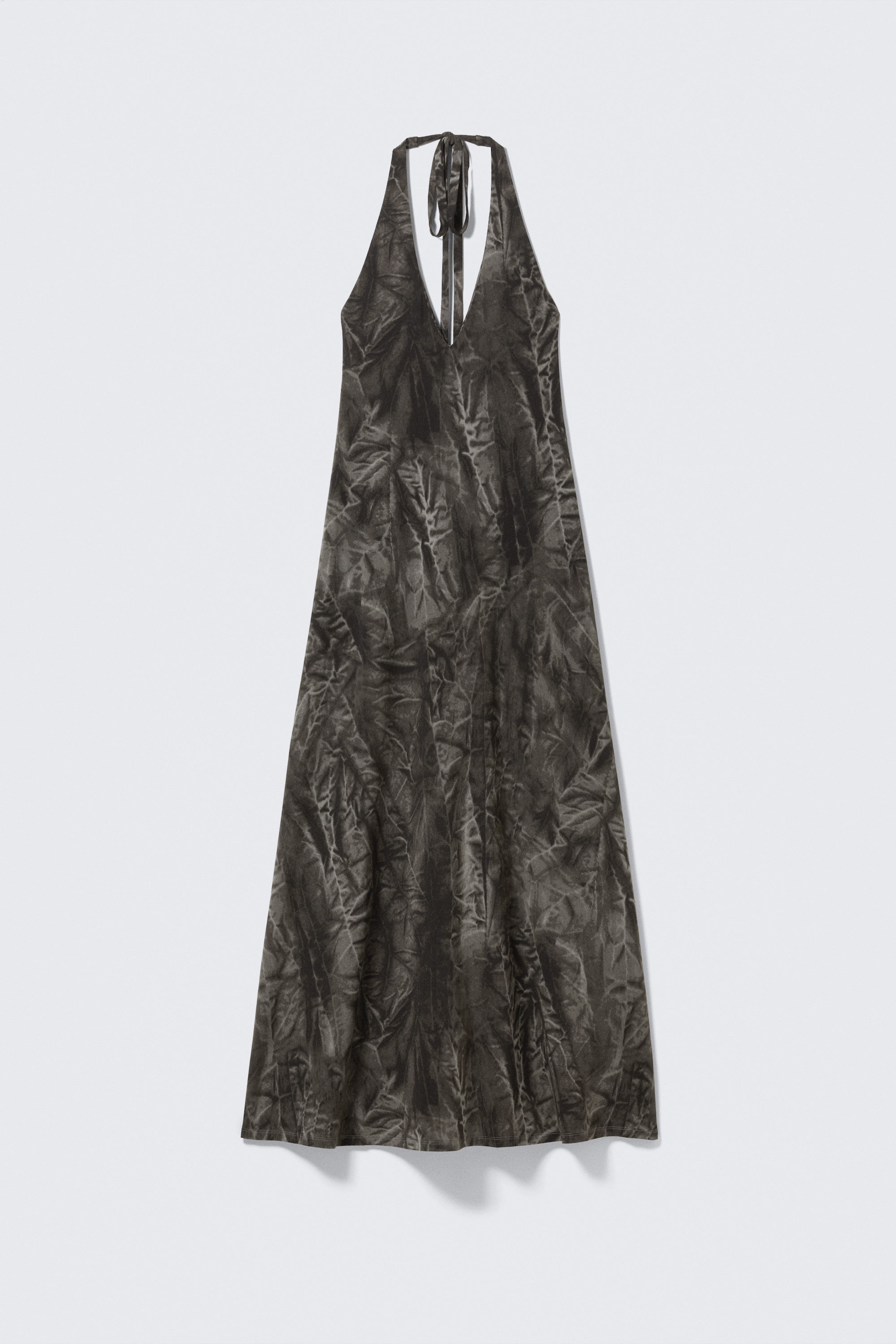 Dark Grey - Crinkle Print - Sleeveless Halterneck Maxi Dress - 1