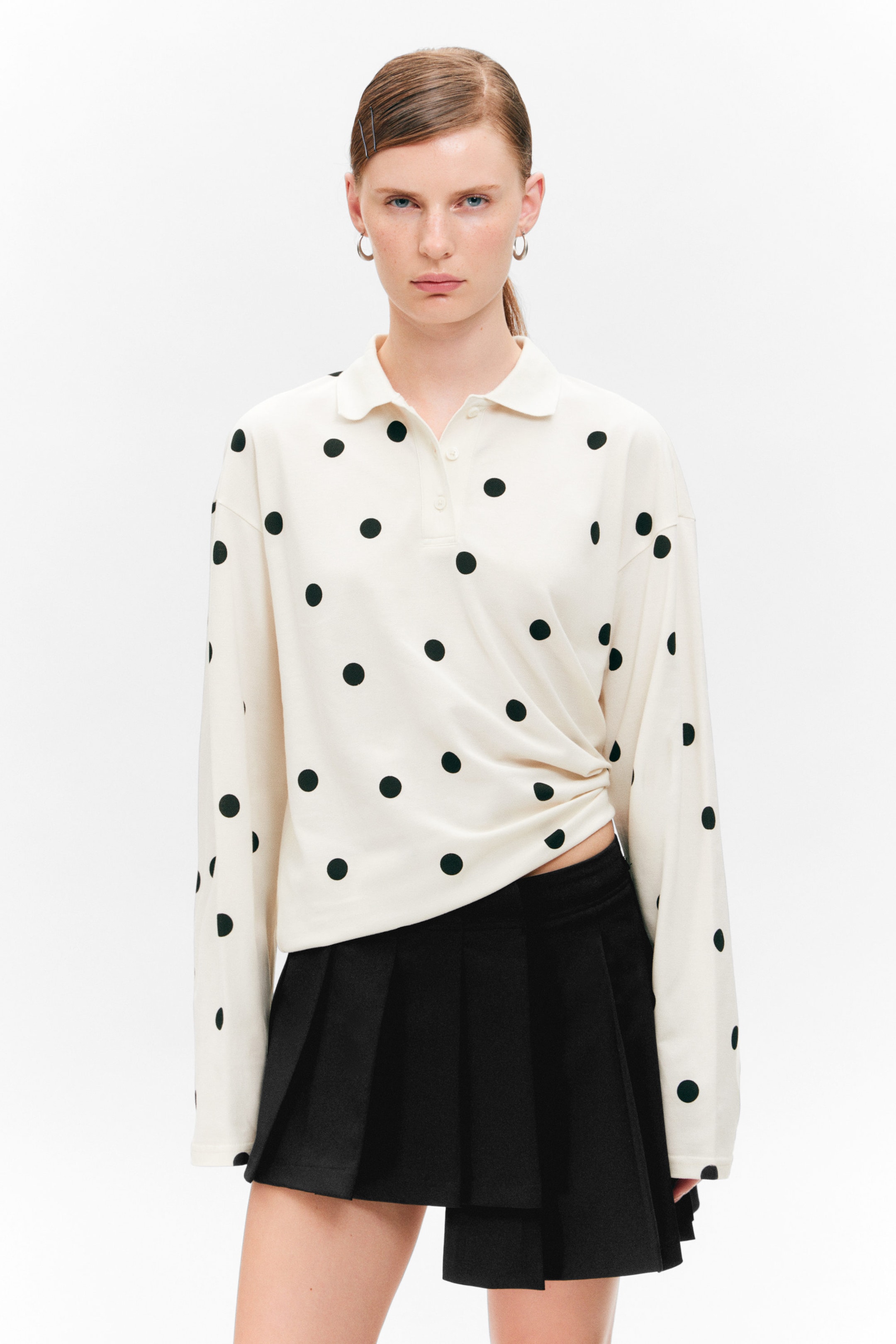 White - Black Dots - Long-Sleeved Cotton Polo Top - 2