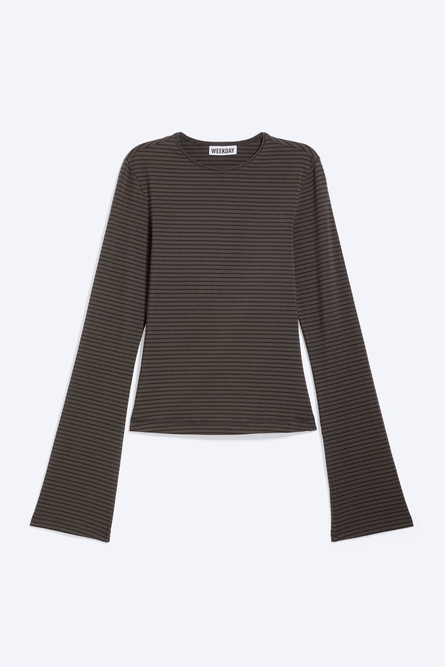 Long Sleeve Cotton Top - Тъмно Сиво Райе/Тъмночервено на райета/Черен/Черно/Dark Brown/Тъмносиньо на райета/Тъмнозелено райе - 2