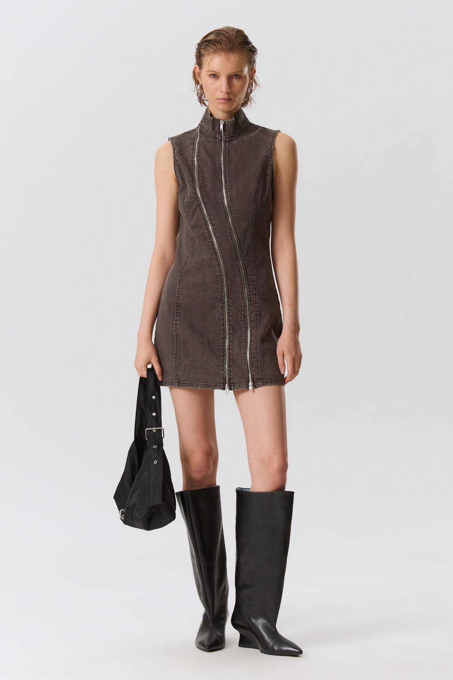 Slim Curvy Zip Mini Kjole - Mørkegrå - 1