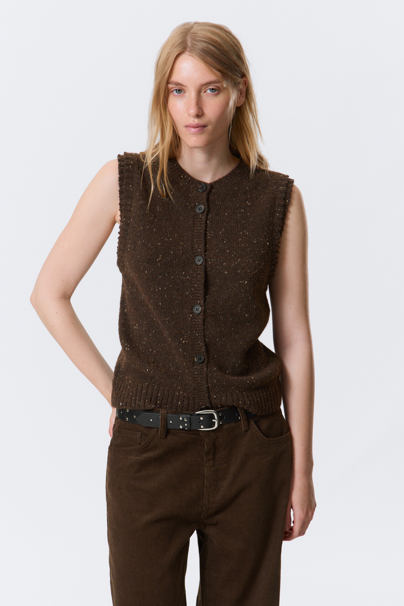 Knitted Buttoned Wool Blend Vest - Dark Brown Melange