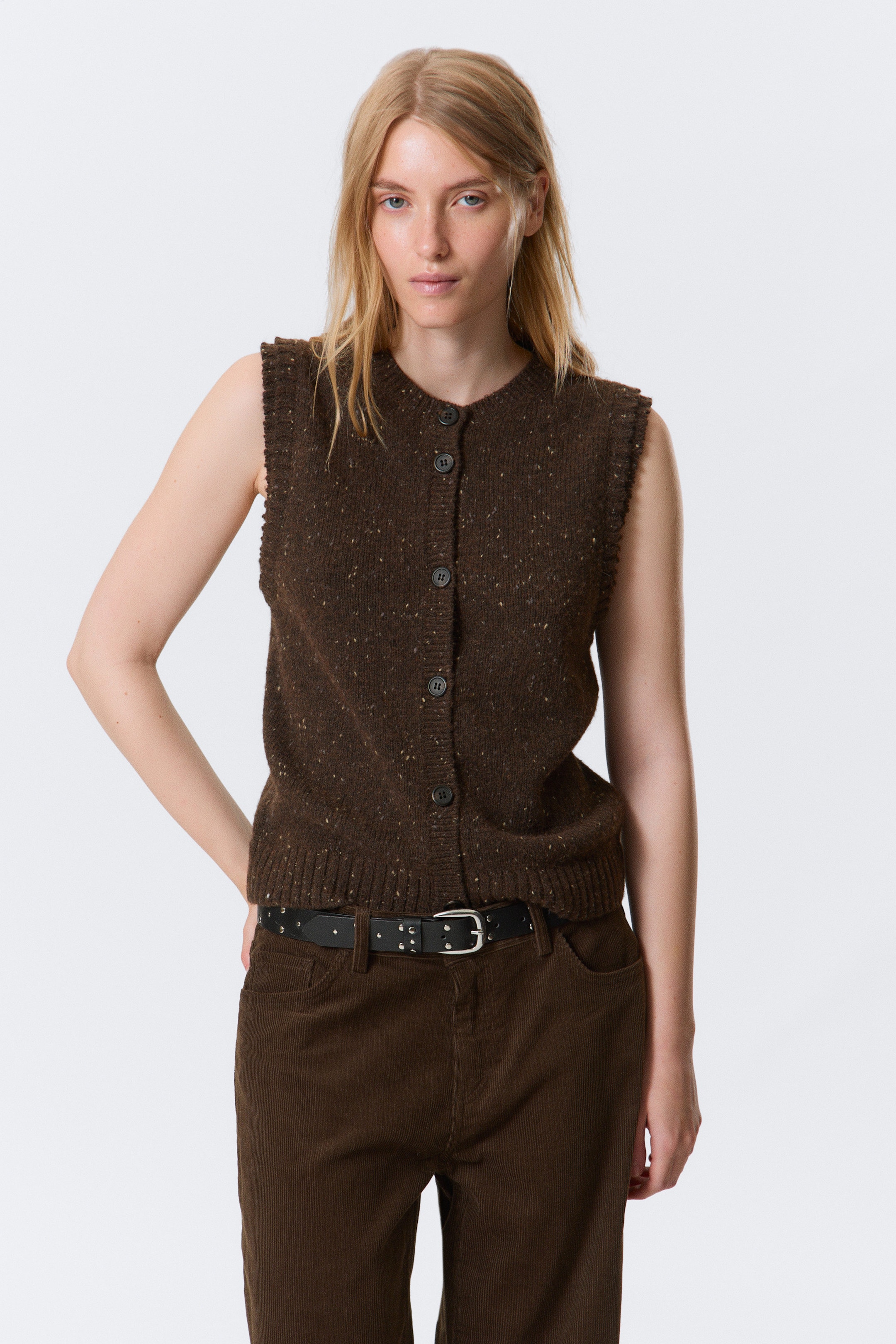 Dark Brown Melange - Knitted Buttoned Wool Blend Vest - 1