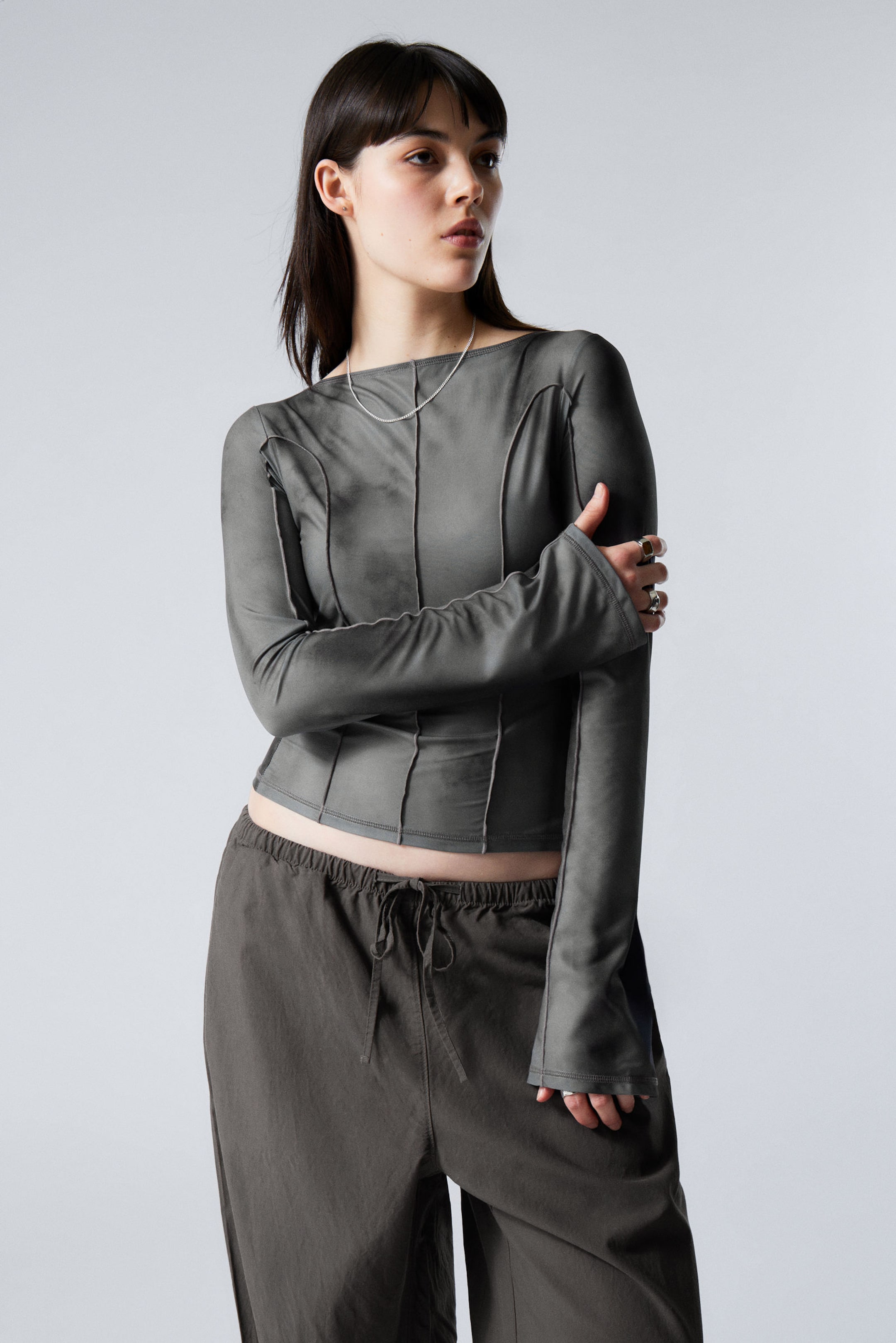 #3A3A3D - Printed Long-Sleeved Boat-neck Top - 1