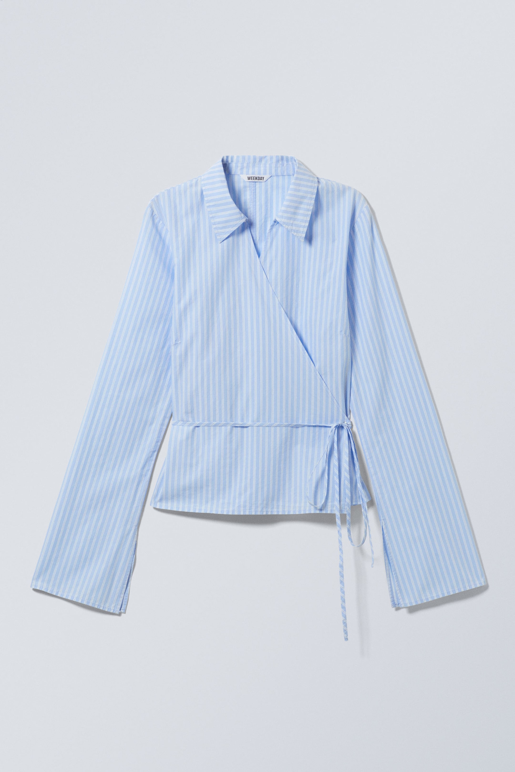 Striped Blue - Long-Sleeved Wrap Poplin Shirt - 4
