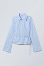 Striped Blue - Long-Sleeved Wrap Poplin Shirt - 4