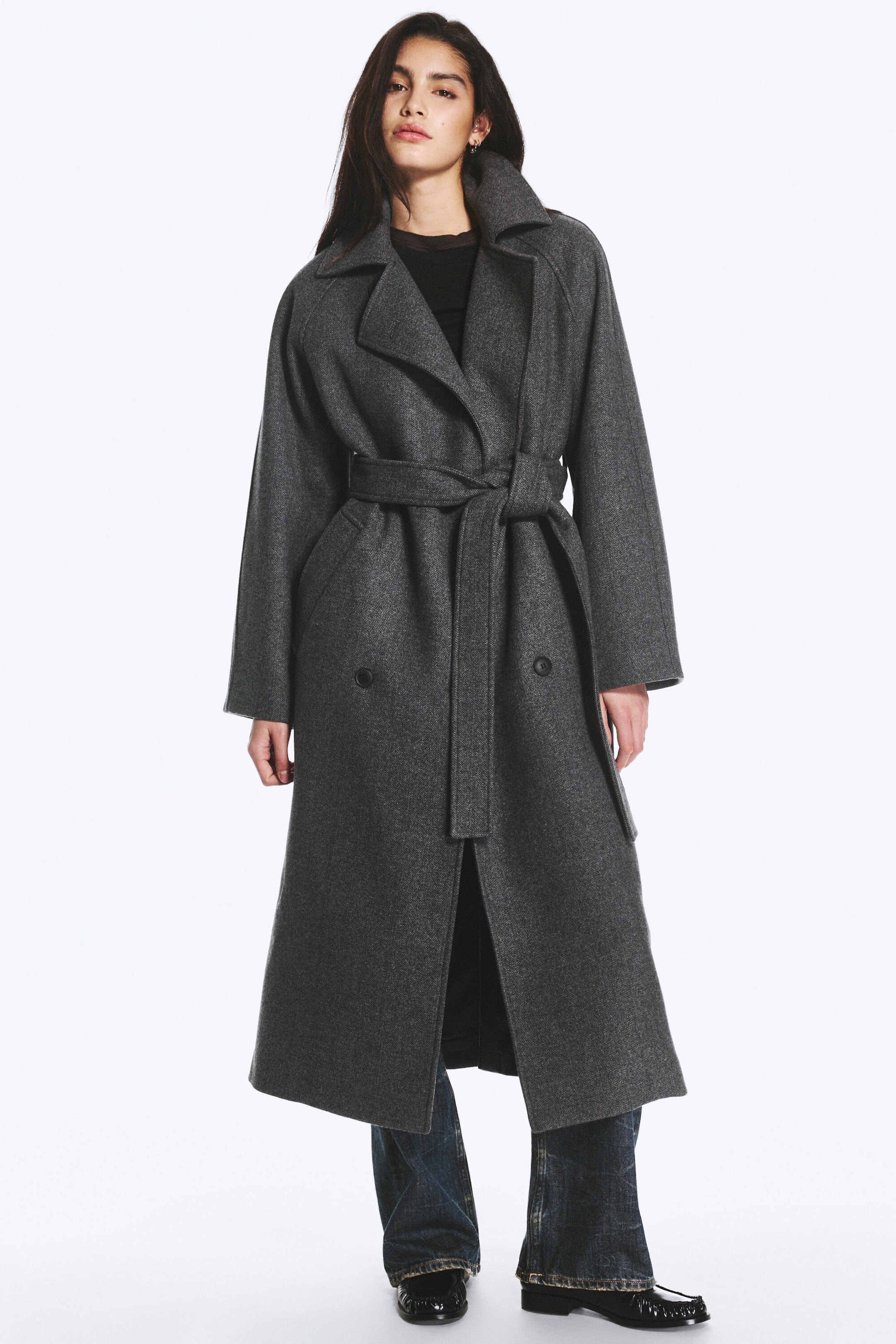 Gris foncé chiné - Manteau oversize croisé en laine mélangée Kia - 3