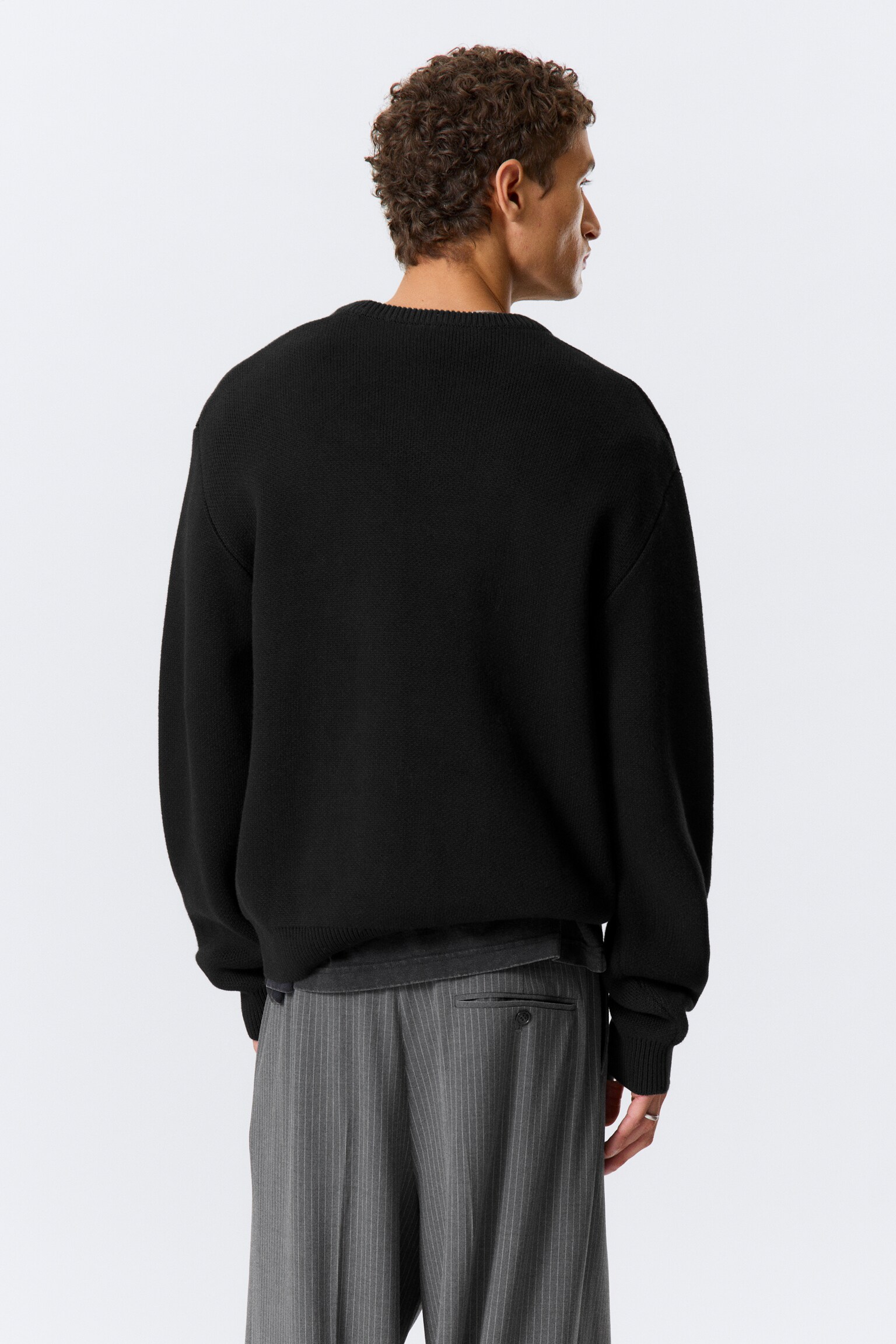Regular Knitted Cotton Sweater - Black/Dirty White - 3