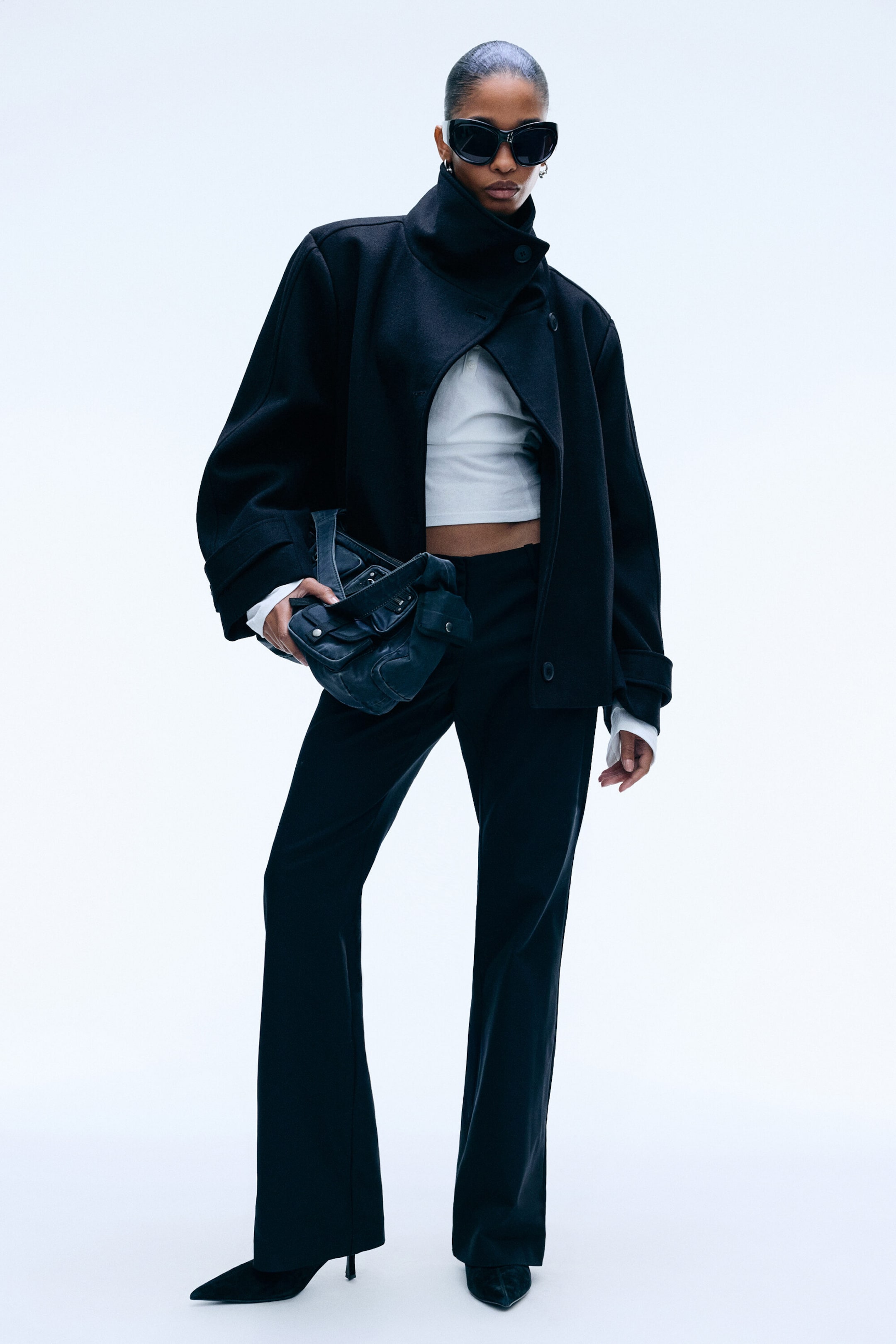 Black - Funnel collar wool-blend jacket - 2