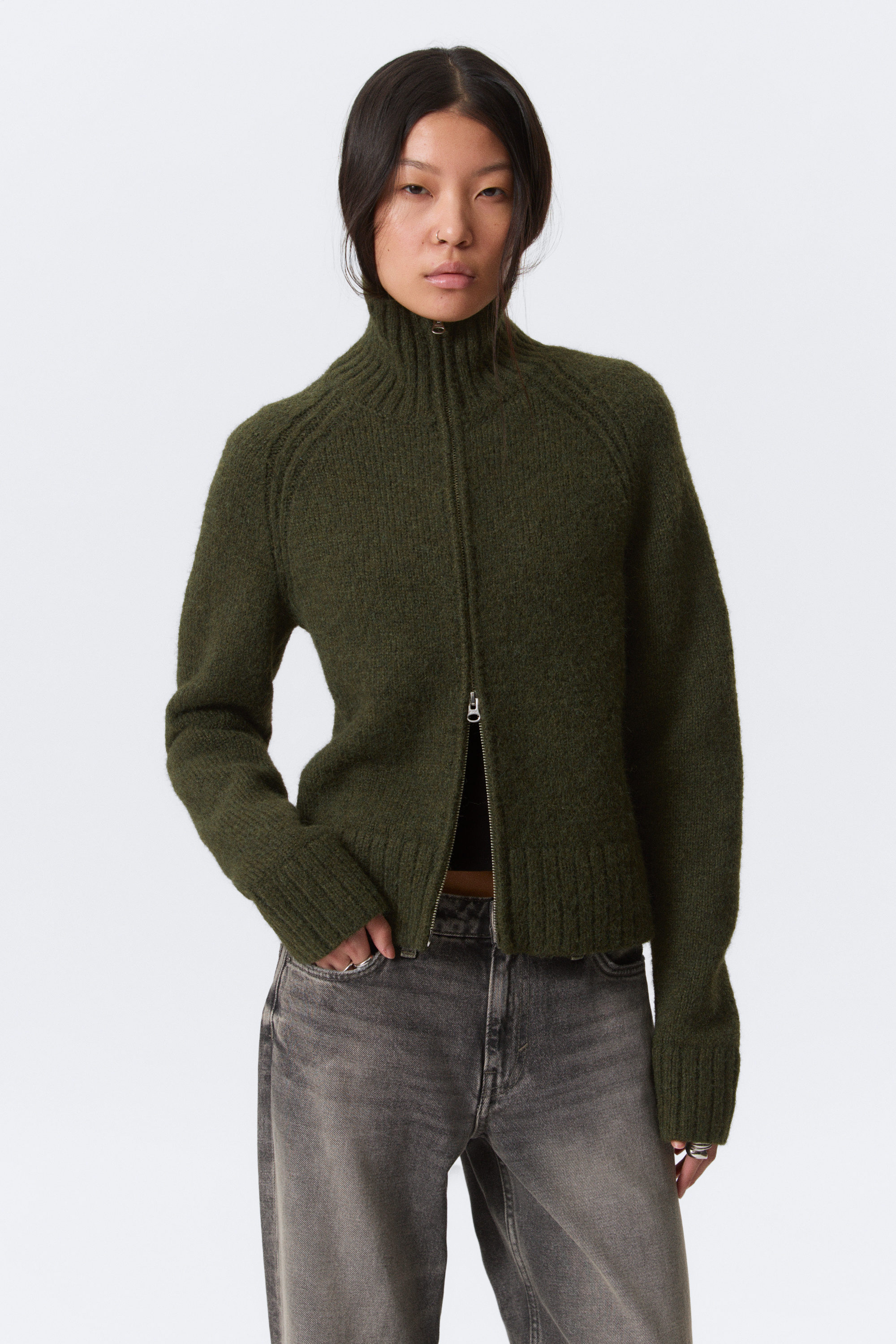 Dark Mossy Green - Soft Knitted Fitted Zip Cardigan - 1