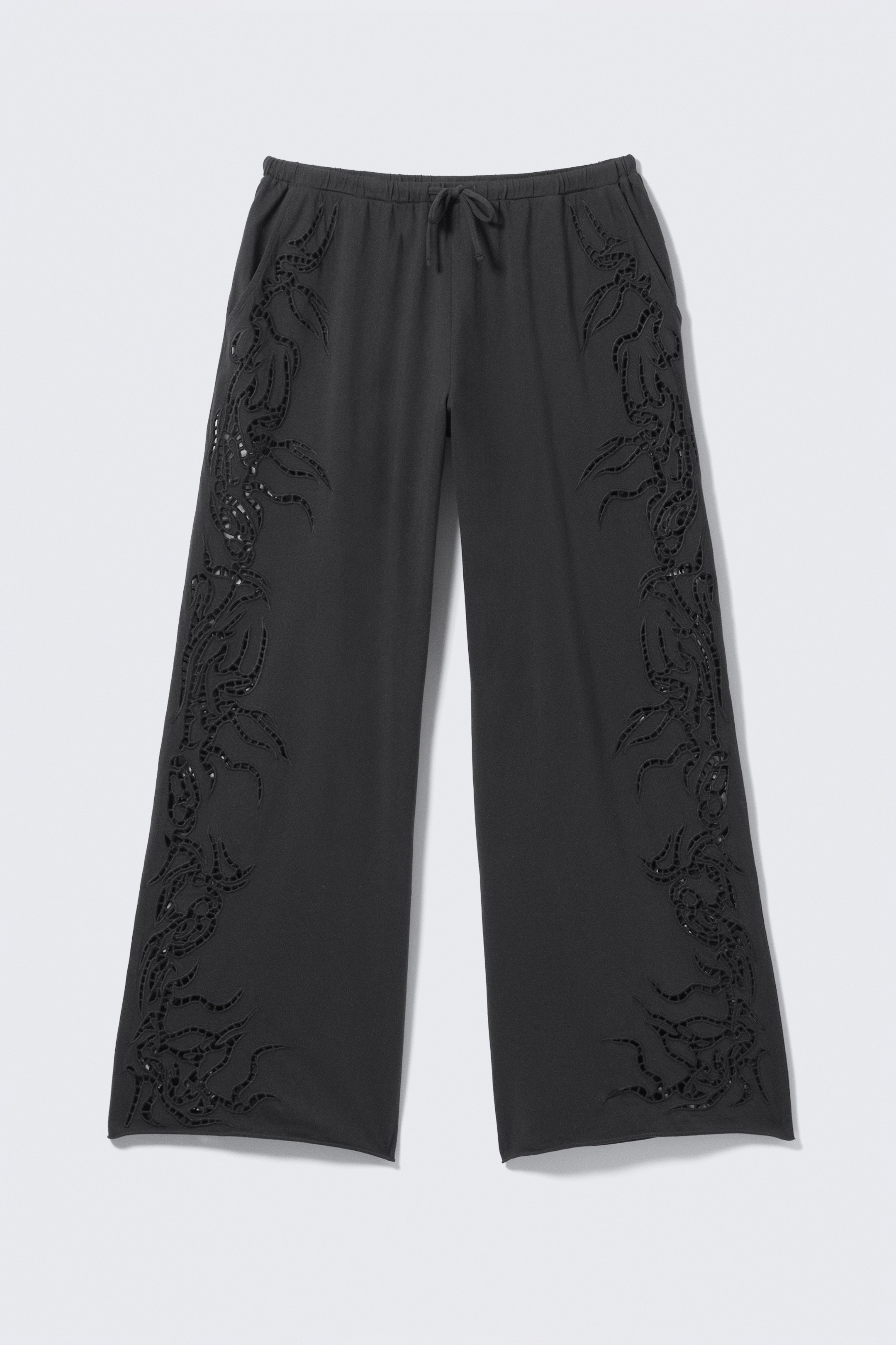 View larger image: A pair of loose-fit trousers are being presented from the FRONT, featuring a wide straight leg and full length. Displaying broderie anglaise panels running down both sides, an elastic waistband is including a drawstring channel with stitched eyelets, slanted side pockets, and raw hems.