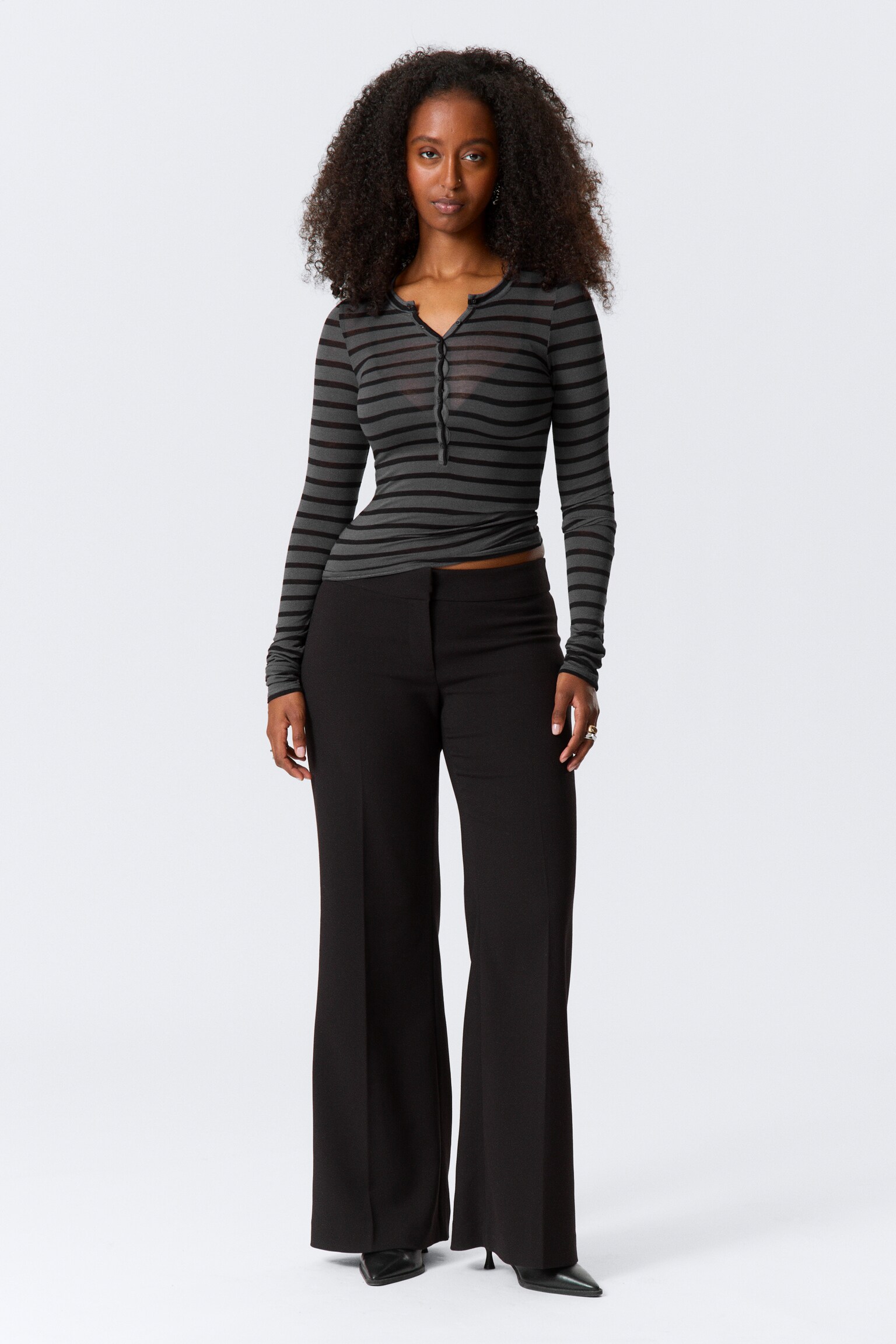 Mid Rise Flared Suiting Trousers - Black/Dark Grey Melange