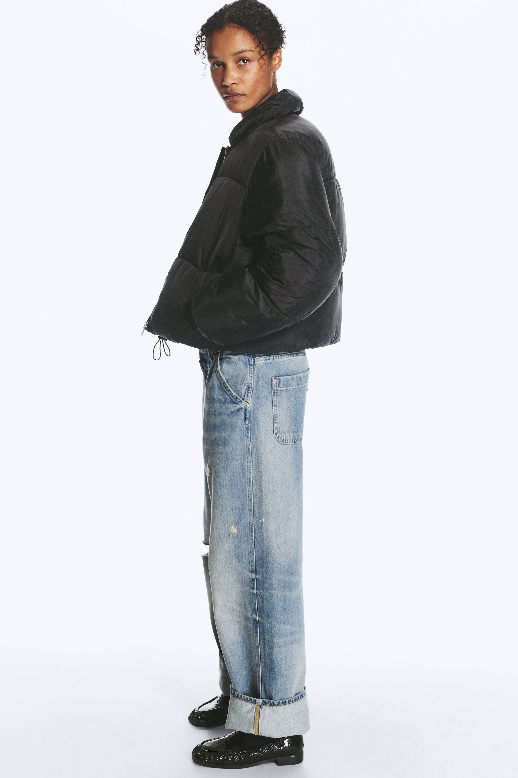 Black - Collared Puffer Jacket - 1
