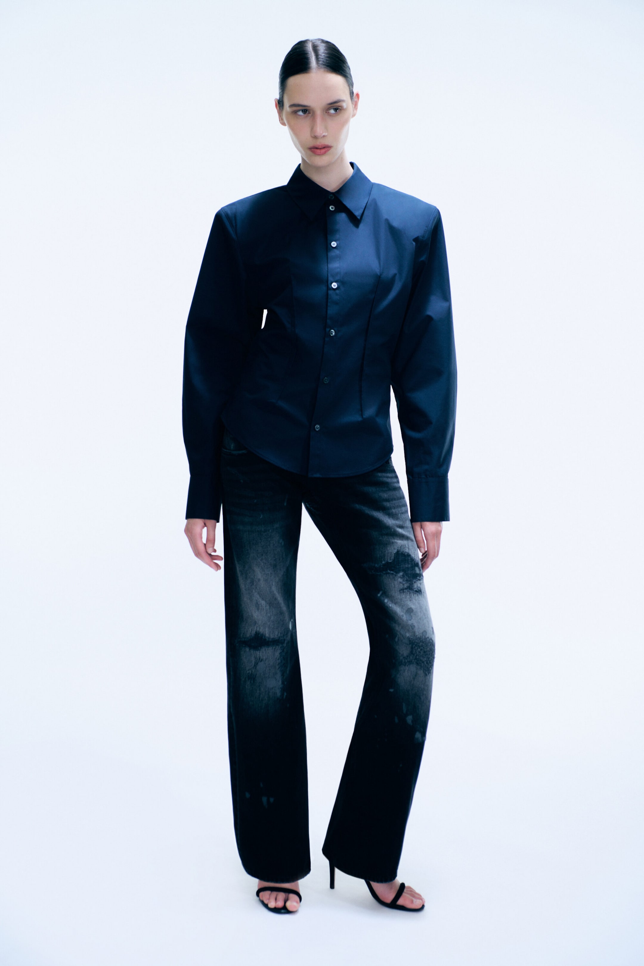 Dark Navy Blue - Waisted Cotton Shirt - 2
