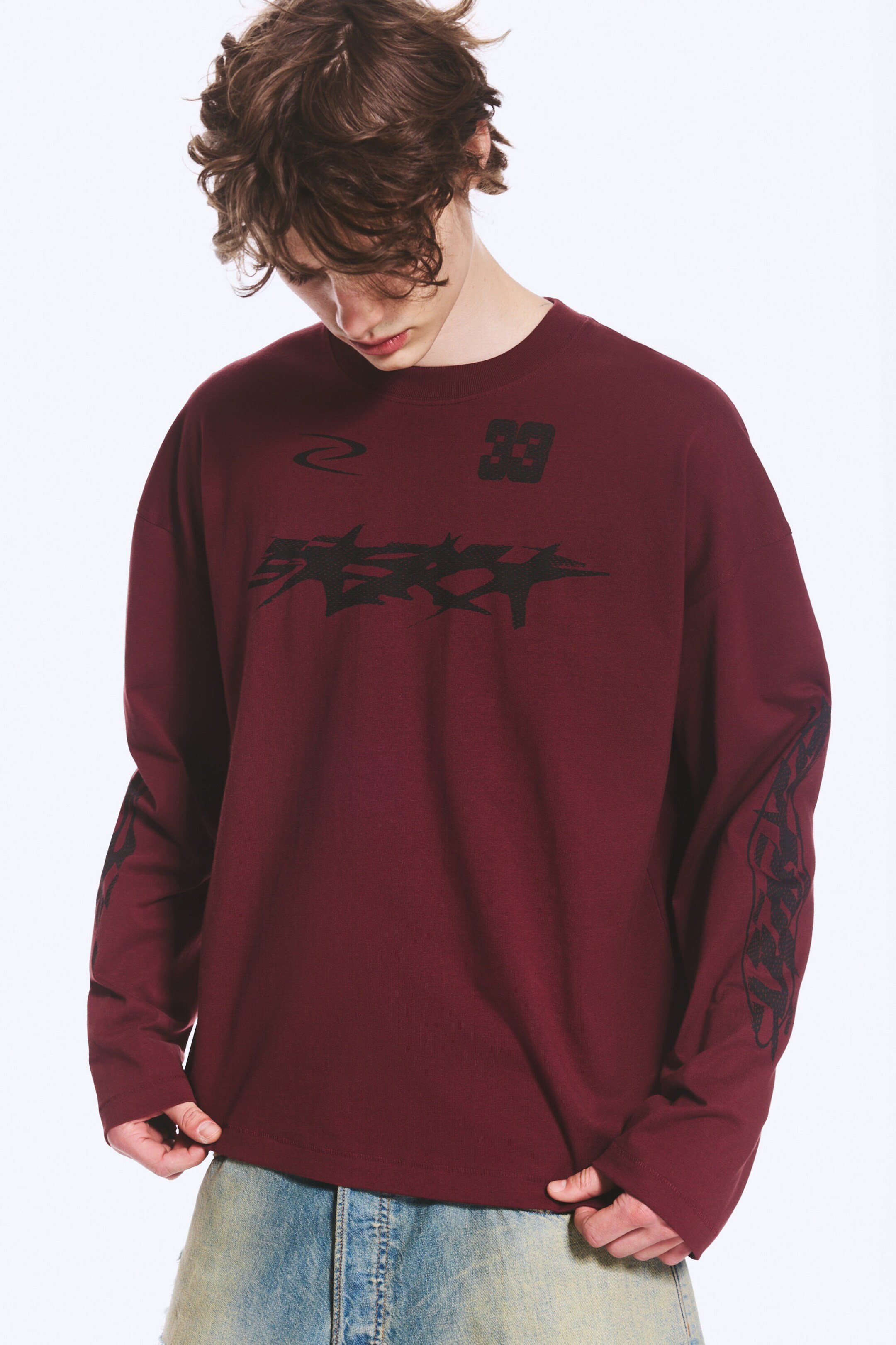 Dark Red - Racer - Oversized Graphic Long-sleeve - 0