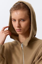 Washed Dark Beige - Cropped Asymmetric Zip Hoodie - 2