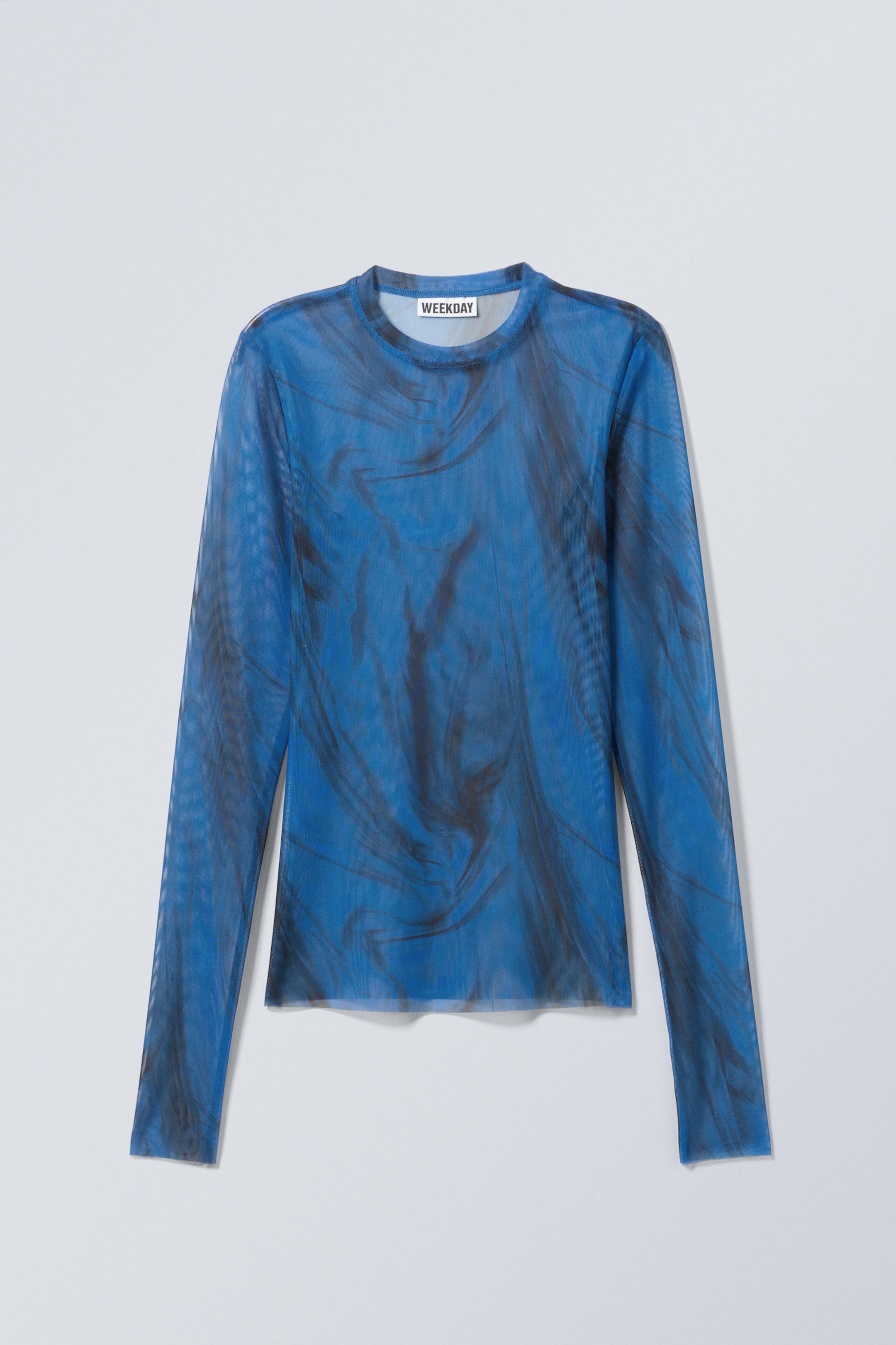 Bright Blue - Black Strokes - Printed Long Sleeve Mesh Top - 0