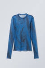 Bright Blue - Black Strokes - Printed Long Sleeve Mesh Top - 0