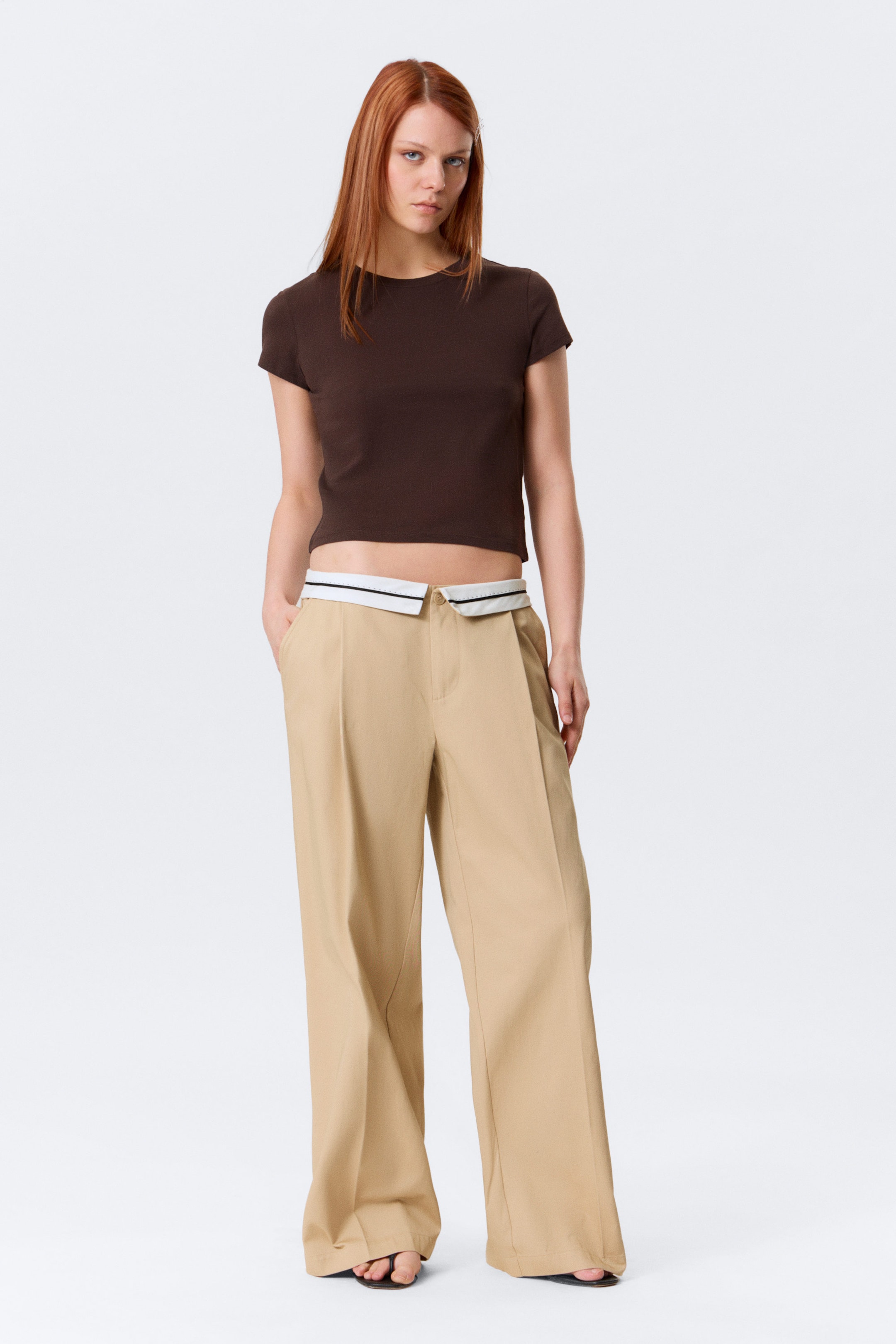 Beige - Low Rise Folded Waist Twill Trousers - 1