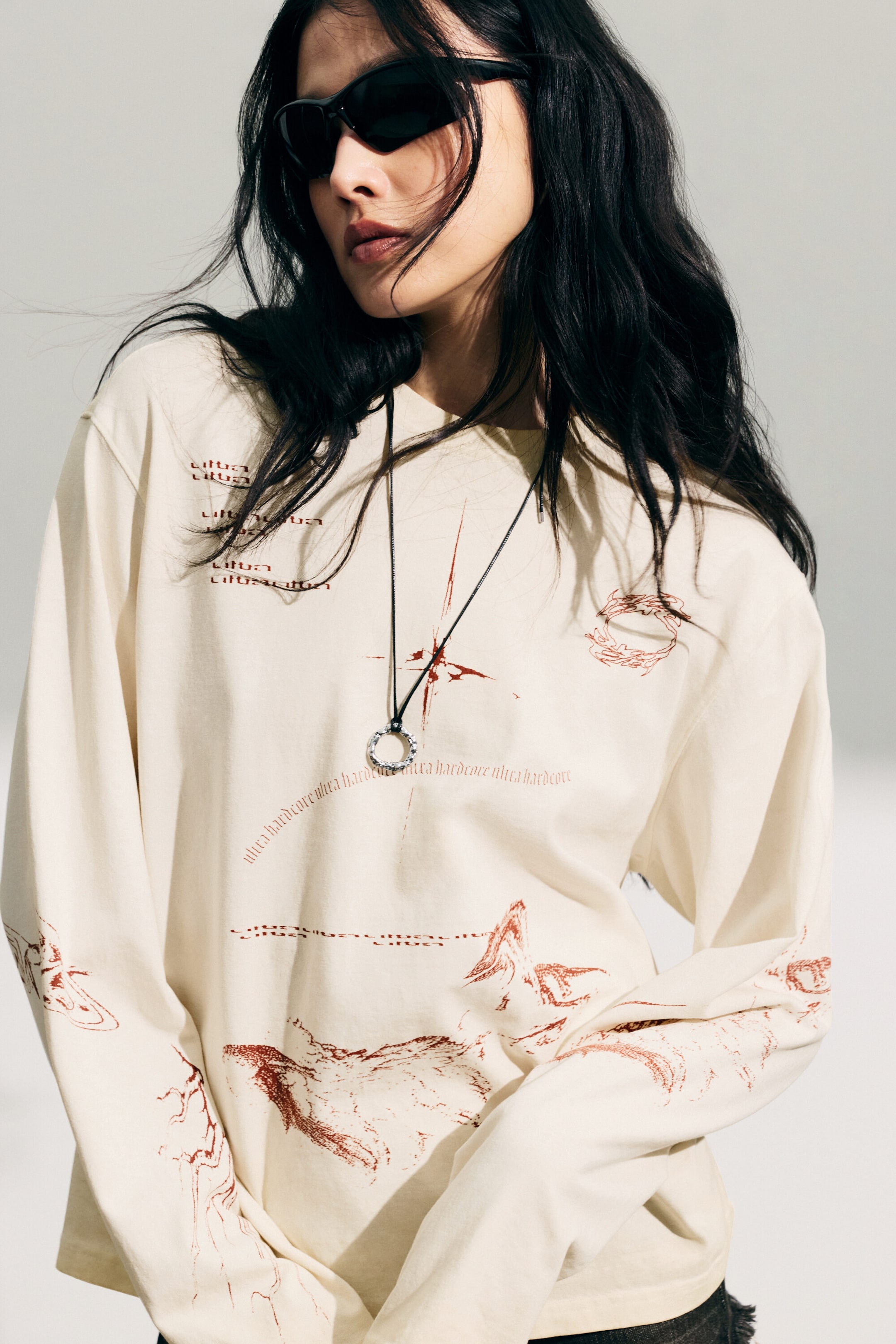 Light Beige - Street Print - Boxy Printed Long-Sleeved Top - 1