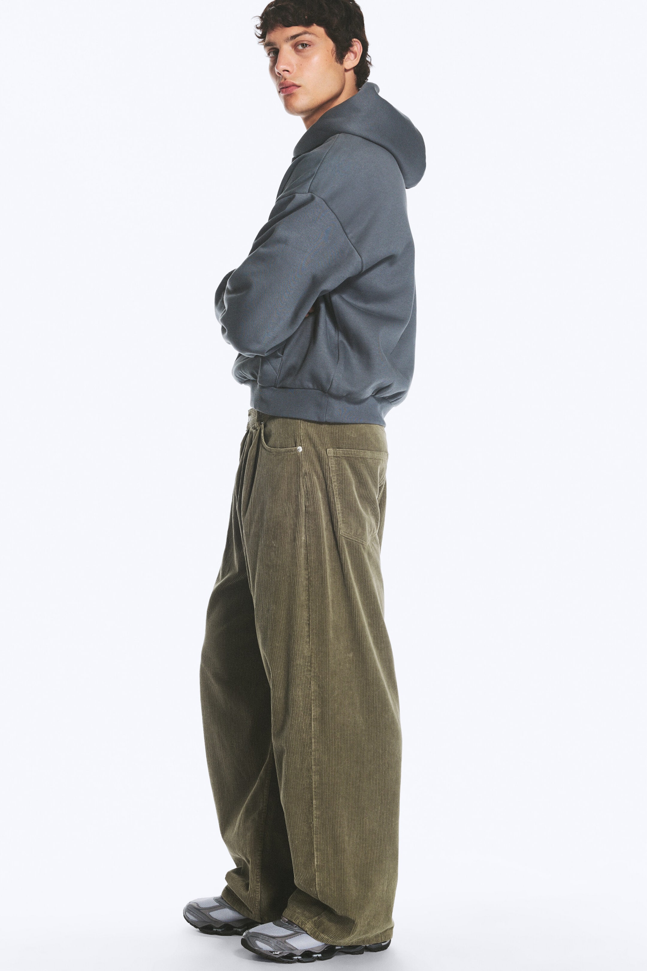 Khaki Green - Pleated Corduroy Baggy Trousers - 5